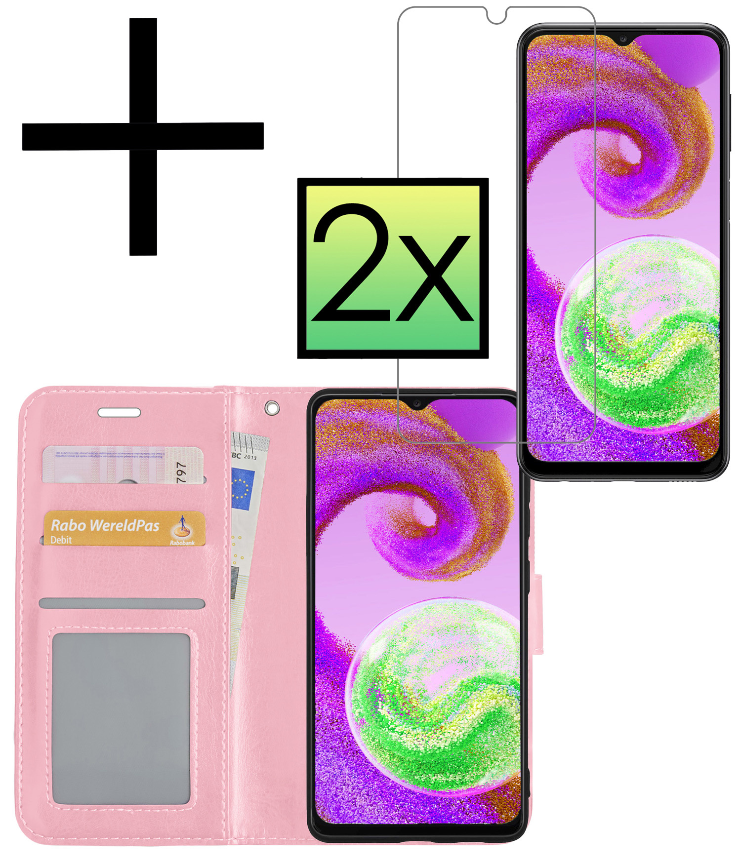 NoXx Hoes Geschikt voor Samsung A04s Hoesje Book Case Hoes Flip Cover Wallet Bookcase Met 2x Screenprotector - Lichtroze
