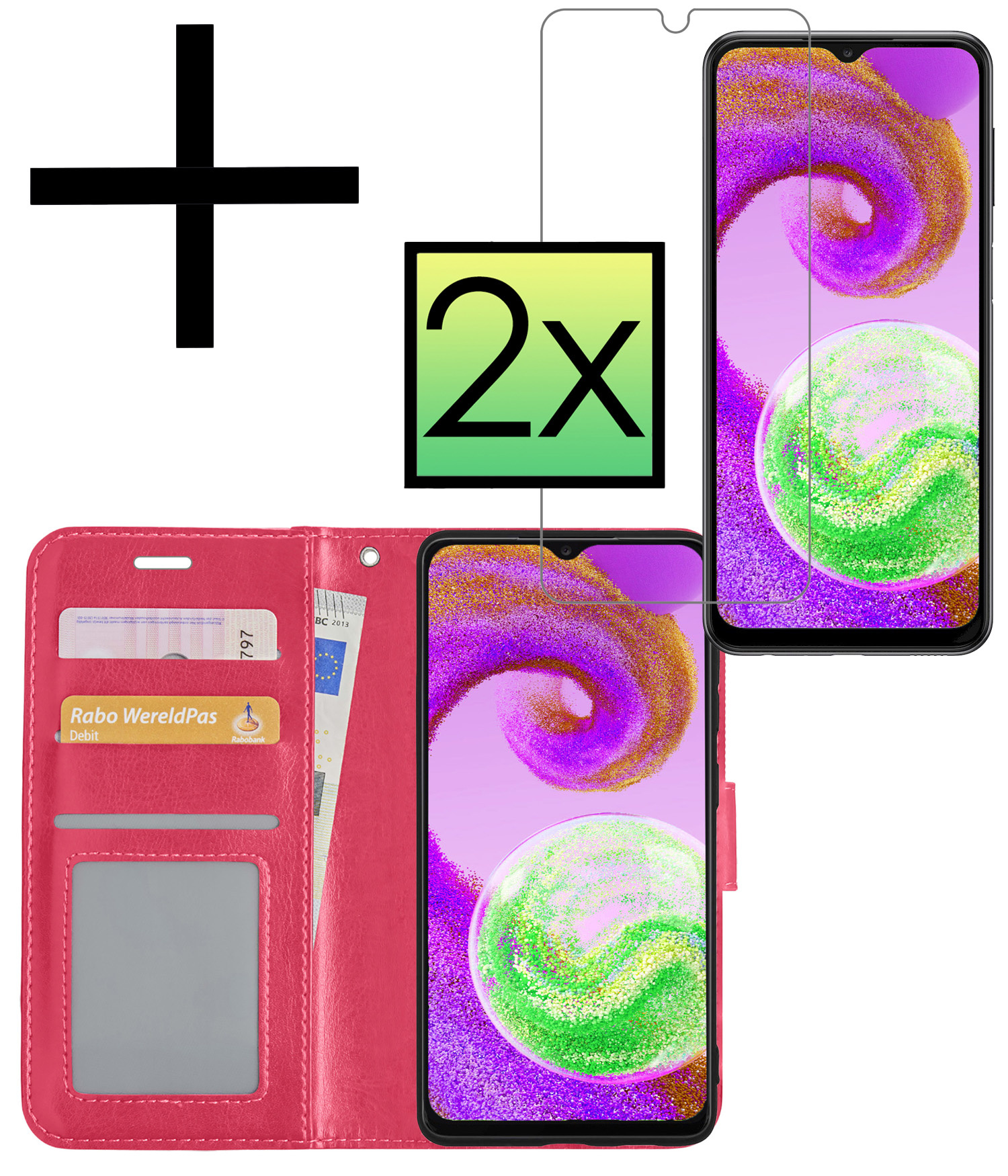 NoXx Hoes Geschikt voor Samsung A04s Hoesje Book Case Hoes Flip Cover Wallet Bookcase Met 2x Screenprotector - Donkerroze
