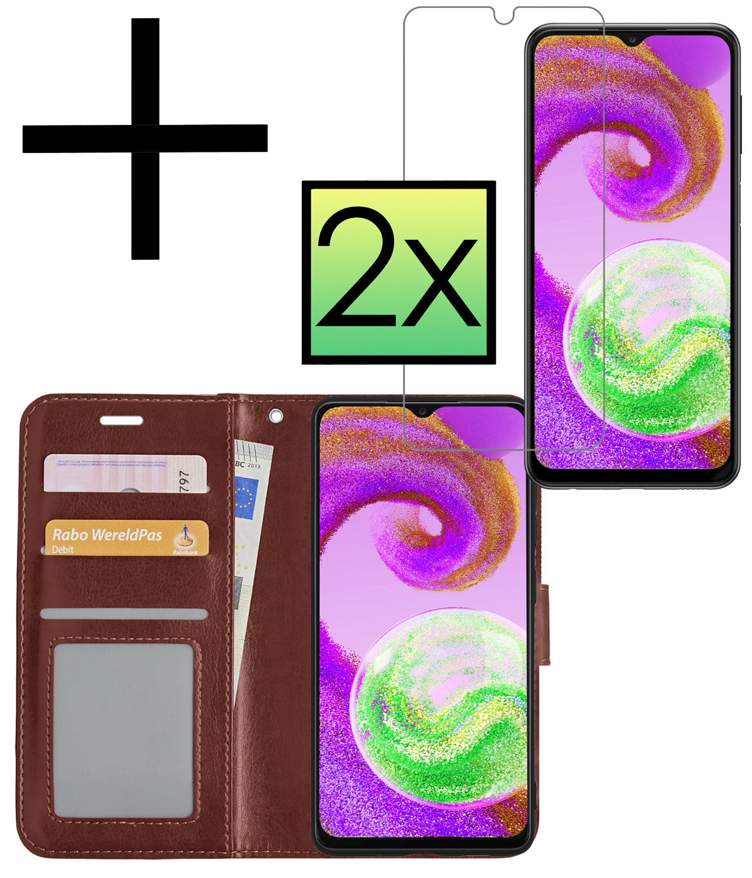 NoXx Hoes Geschikt voor Samsung A04s Hoesje Book Case Hoes Flip Cover Wallet Bookcase Met 2x Screenprotector - Bruin