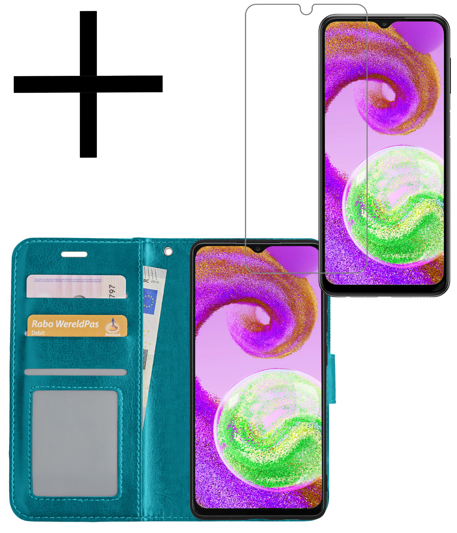 NoXx Hoes Geschikt voor Samsung A04s Hoesje Book Case Hoes Flip Cover Wallet Bookcase Met Screenprotector - Turquoise
