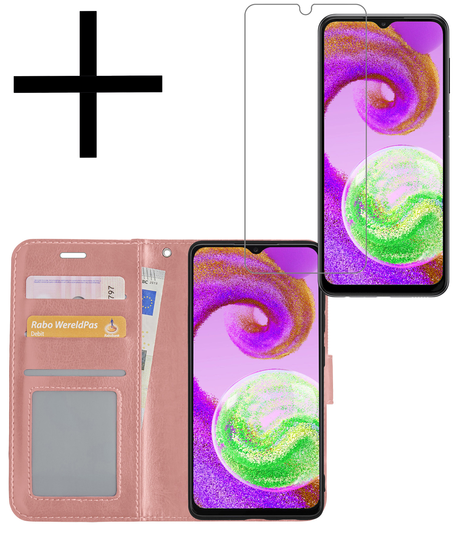 NoXx Hoes Geschikt voor Samsung A04s Hoesje Book Case Hoes Flip Cover Wallet Bookcase Met Screenprotector - Rosé goud