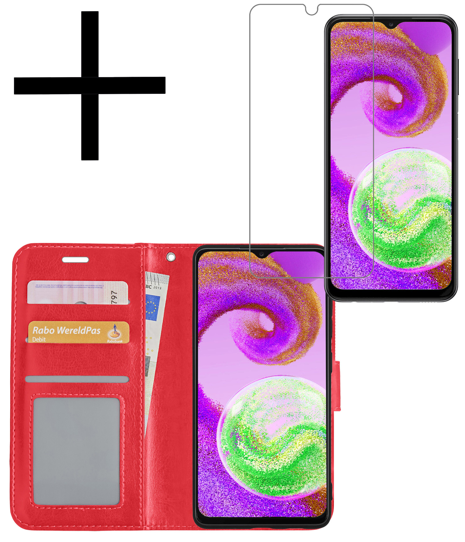 NoXx Hoes Geschikt voor Samsung A04s Hoesje Book Case Hoes Flip Cover Wallet Bookcase Met Screenprotector - Rood