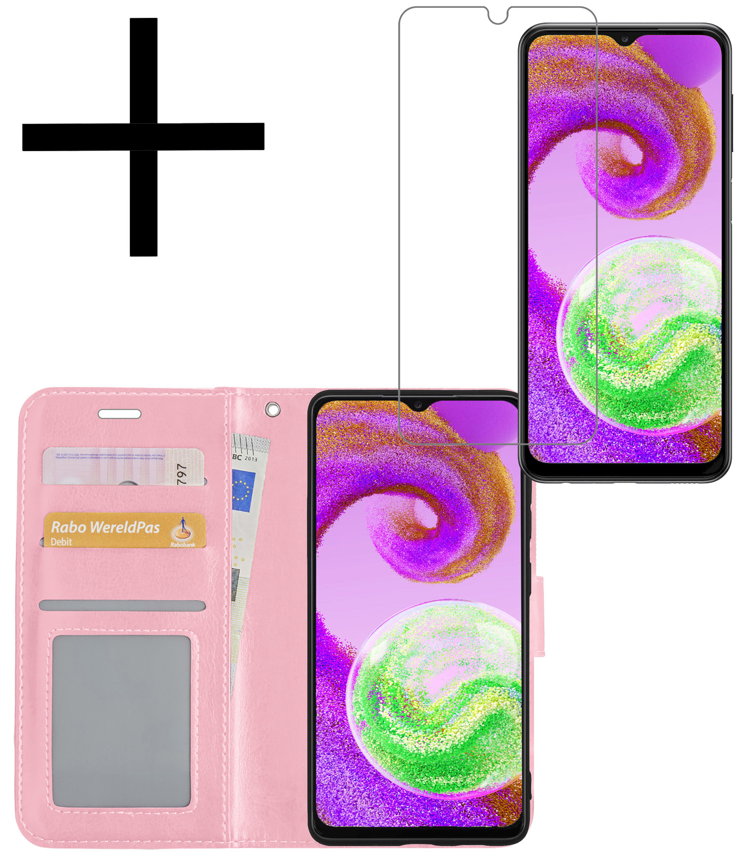 NoXx Hoes Geschikt voor Samsung A04s Hoesje Book Case Hoes Flip Cover Wallet Bookcase Met Screenprotector - Lichtroze