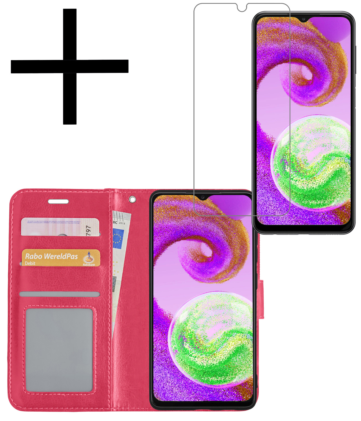 NoXx Hoes Geschikt voor Samsung A04s Hoesje Book Case Hoes Flip Cover Wallet Bookcase Met Screenprotector - Donkerroze