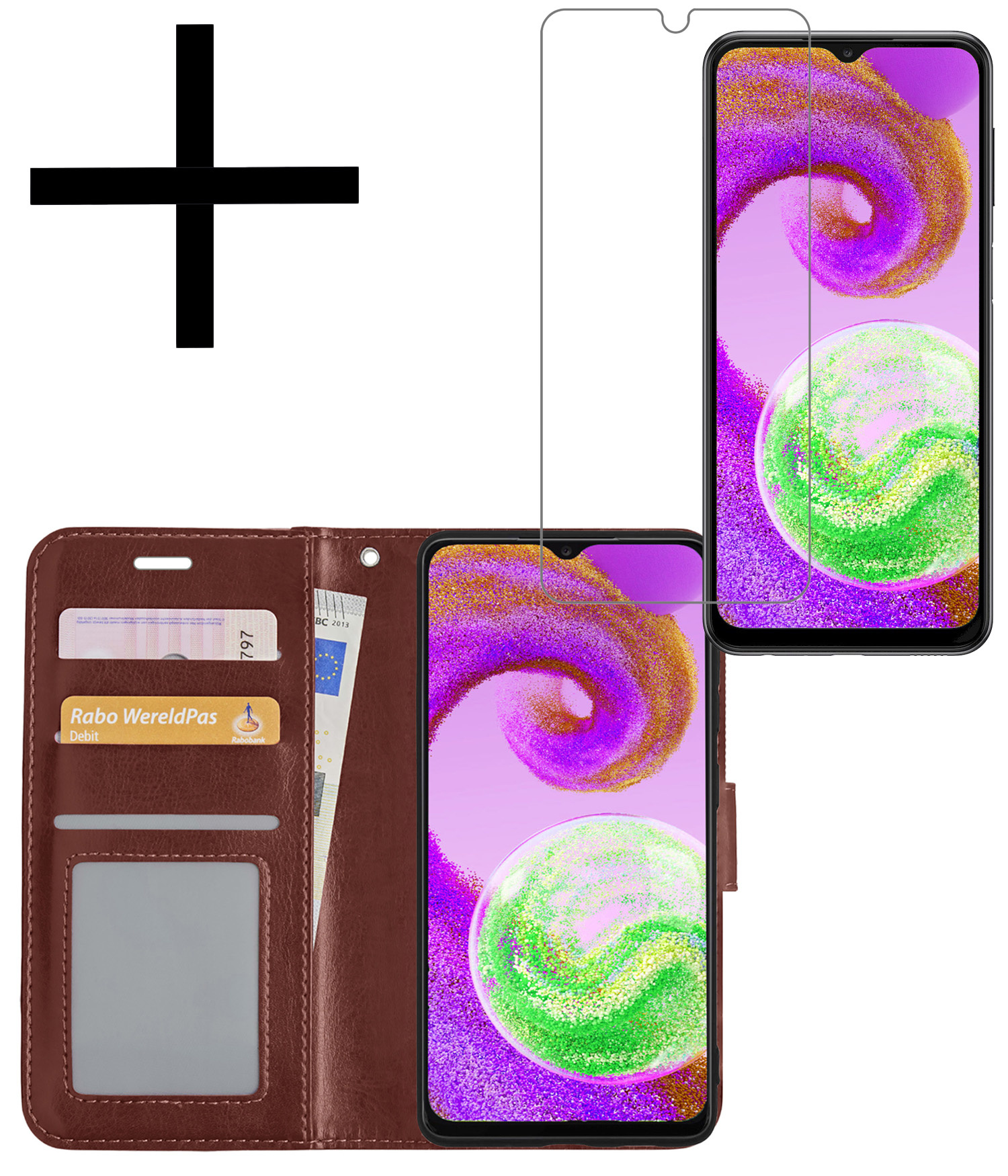 NoXx Hoes Geschikt voor Samsung A04s Hoesje Book Case Hoes Flip Cover Wallet Bookcase Met Screenprotector - Bruin