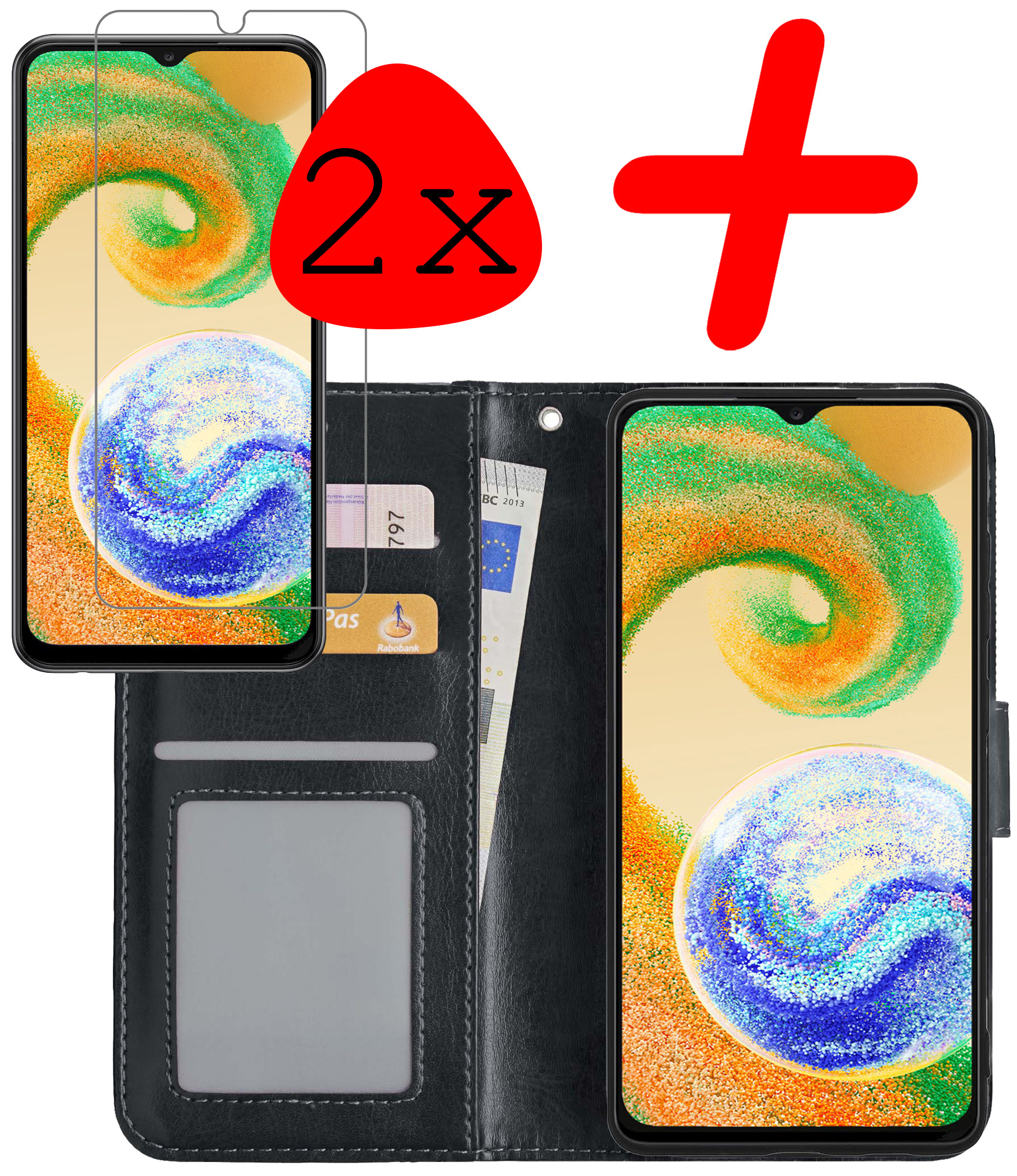 BASEY. Hoes Geschikt voor Samsung A04s Hoesje Bookcase Hoes Flip Case Book Cover Met 2x Screenprotector - Hoesje Geschikt voor Samsung Galaxy A04s Hoes Book Case Hoesje - Zwart