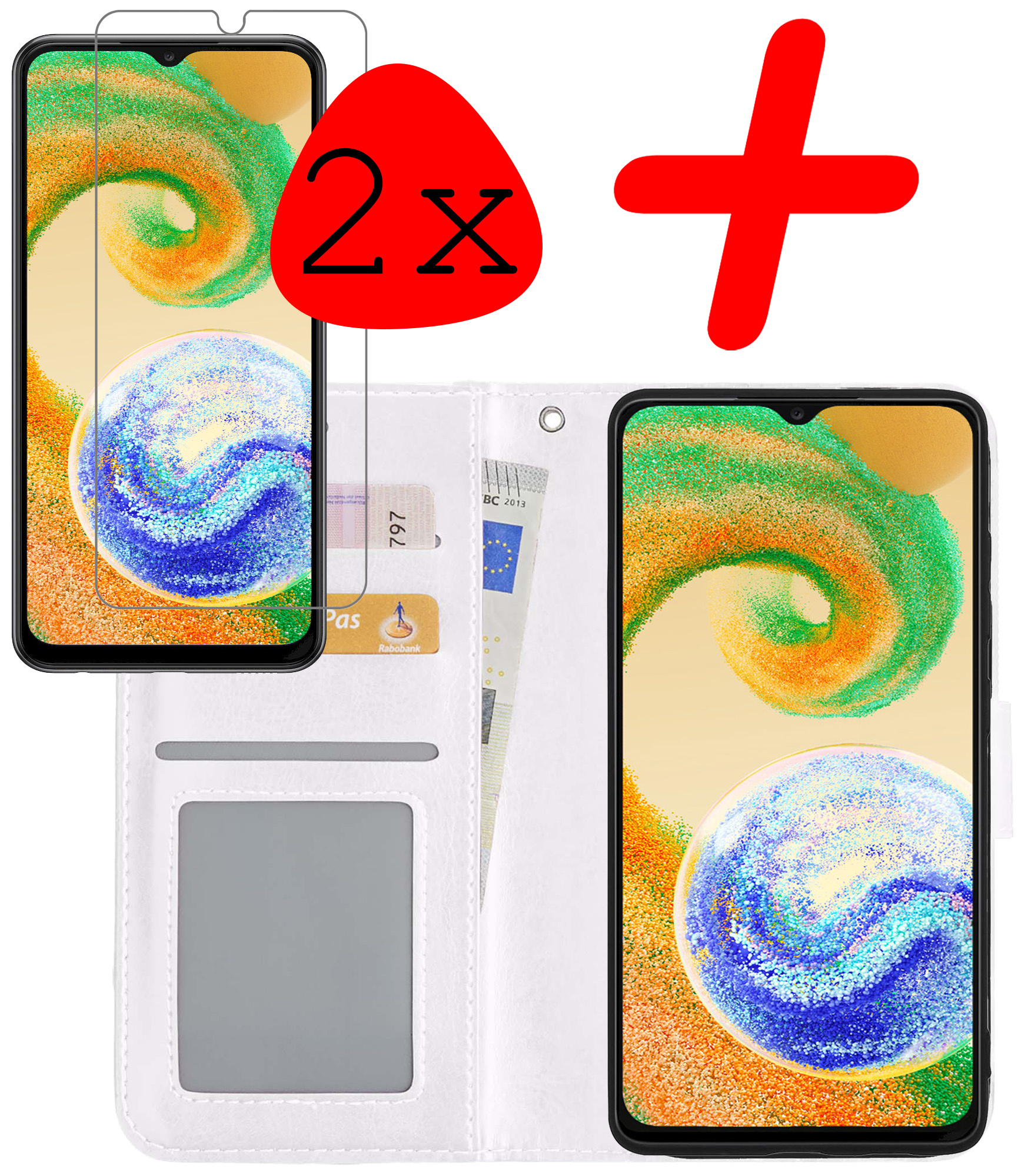 BASEY. Hoes Geschikt voor Samsung A04s Hoesje Bookcase Hoes Flip Case Book Cover Met 2x Screenprotector - Hoesje Geschikt voor Samsung Galaxy A04s Hoes Book Case Hoesje - Wit