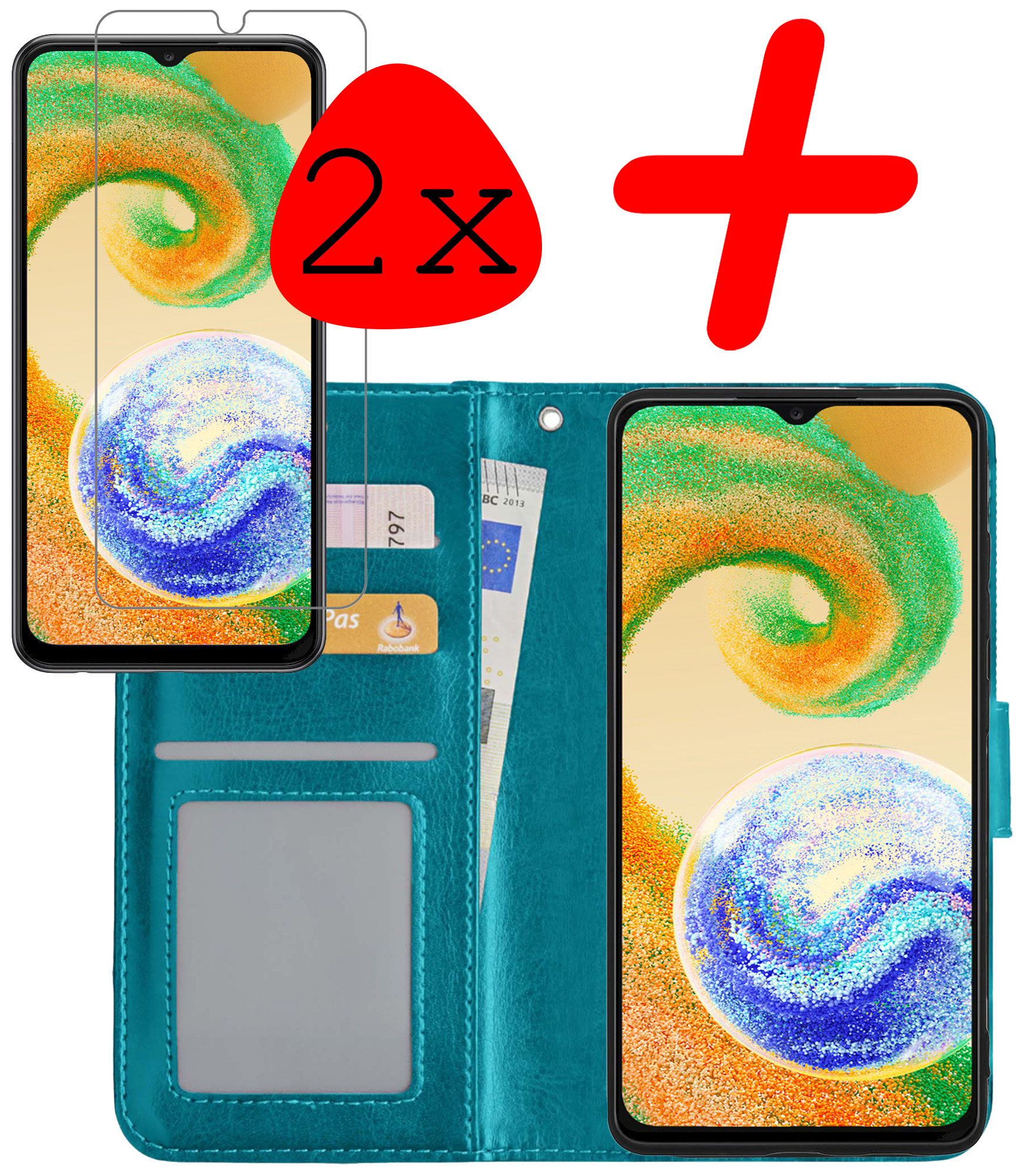 BASEY. Hoes Geschikt voor Samsung A04s Hoesje Bookcase Hoes Flip Case Book Cover Met 2x Screenprotector - Hoesje Geschikt voor Samsung Galaxy A04s Hoes Book Case Hoesje - Turquoise