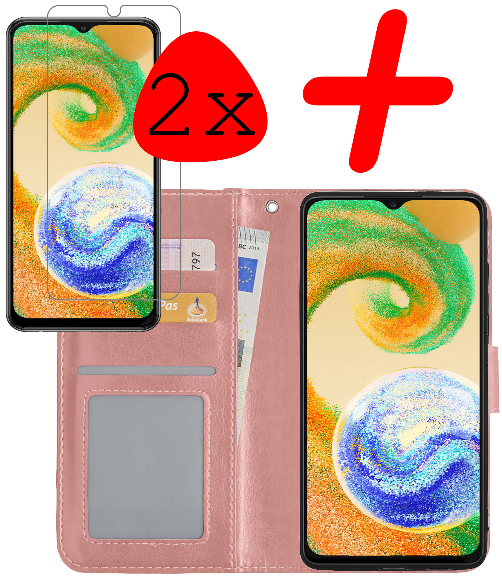 BASEY. Hoes Geschikt voor Samsung A04s Hoesje Bookcase Hoes Flip Case Book Cover Met 2x Screenprotector - Hoesje Geschikt voor Samsung Galaxy A04s Hoes Book Case Hoesje - Rosé goud