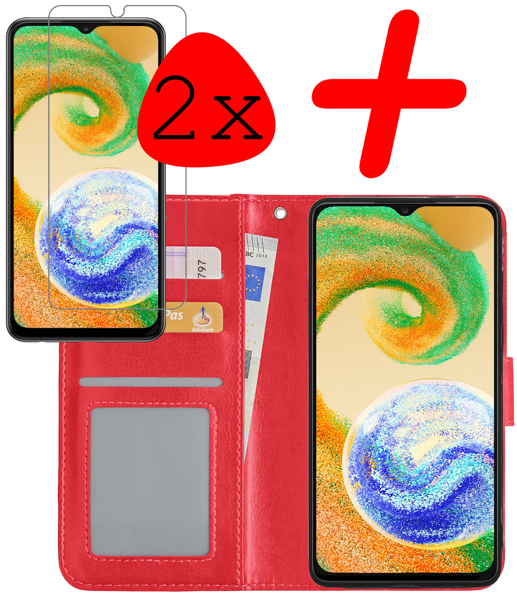 BASEY. Hoes Geschikt voor Samsung A04s Hoesje Bookcase Hoes Flip Case Book Cover Met 2x Screenprotector - Hoesje Geschikt voor Samsung Galaxy A04s Hoes Book Case Hoesje - Rood