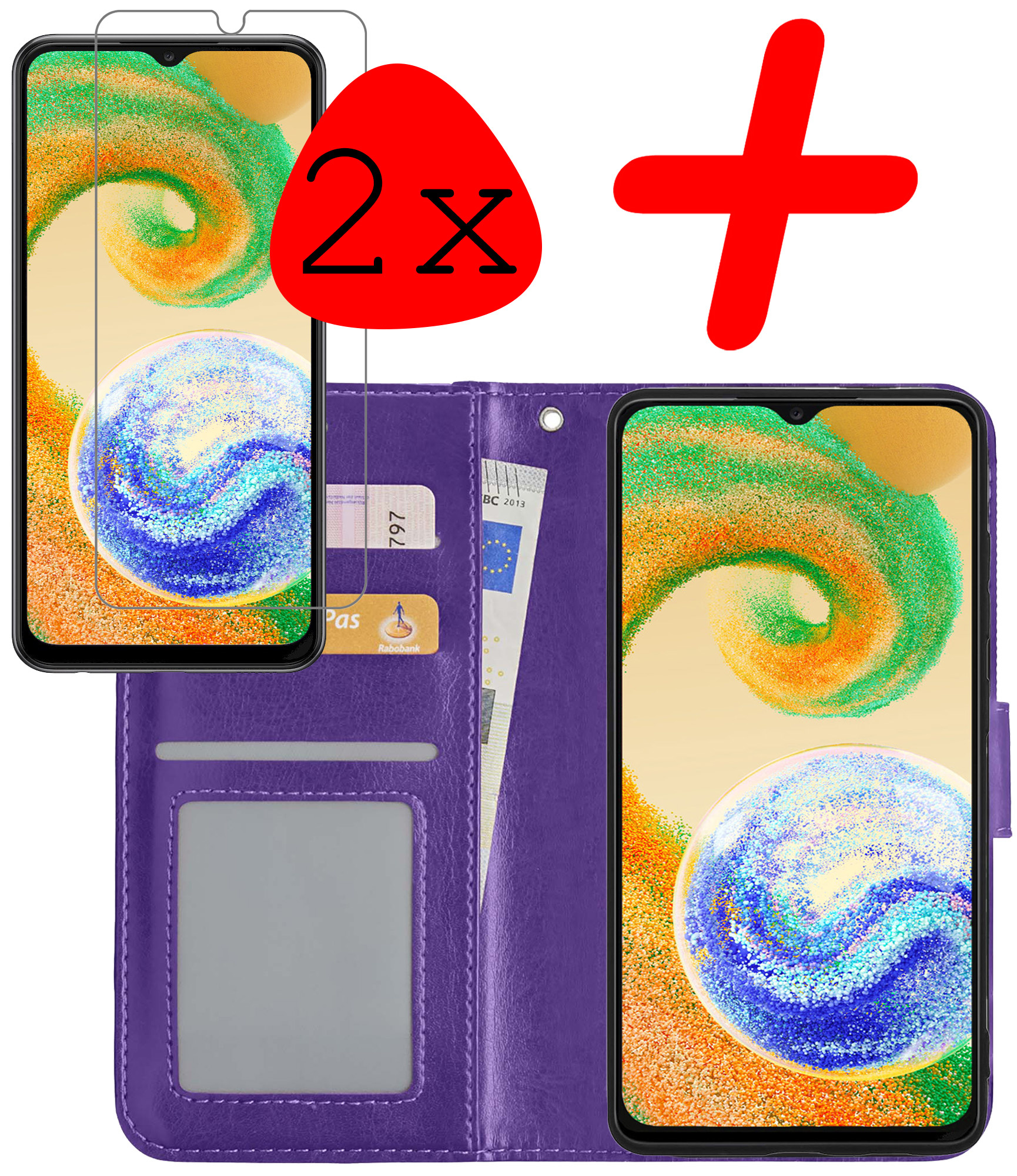 BASEY. Hoes Geschikt voor Samsung A04s Hoesje Bookcase Hoes Flip Case Book Cover Met 2x Screenprotector - Hoesje Geschikt voor Samsung Galaxy A04s Hoes Book Case Hoesje - Paars