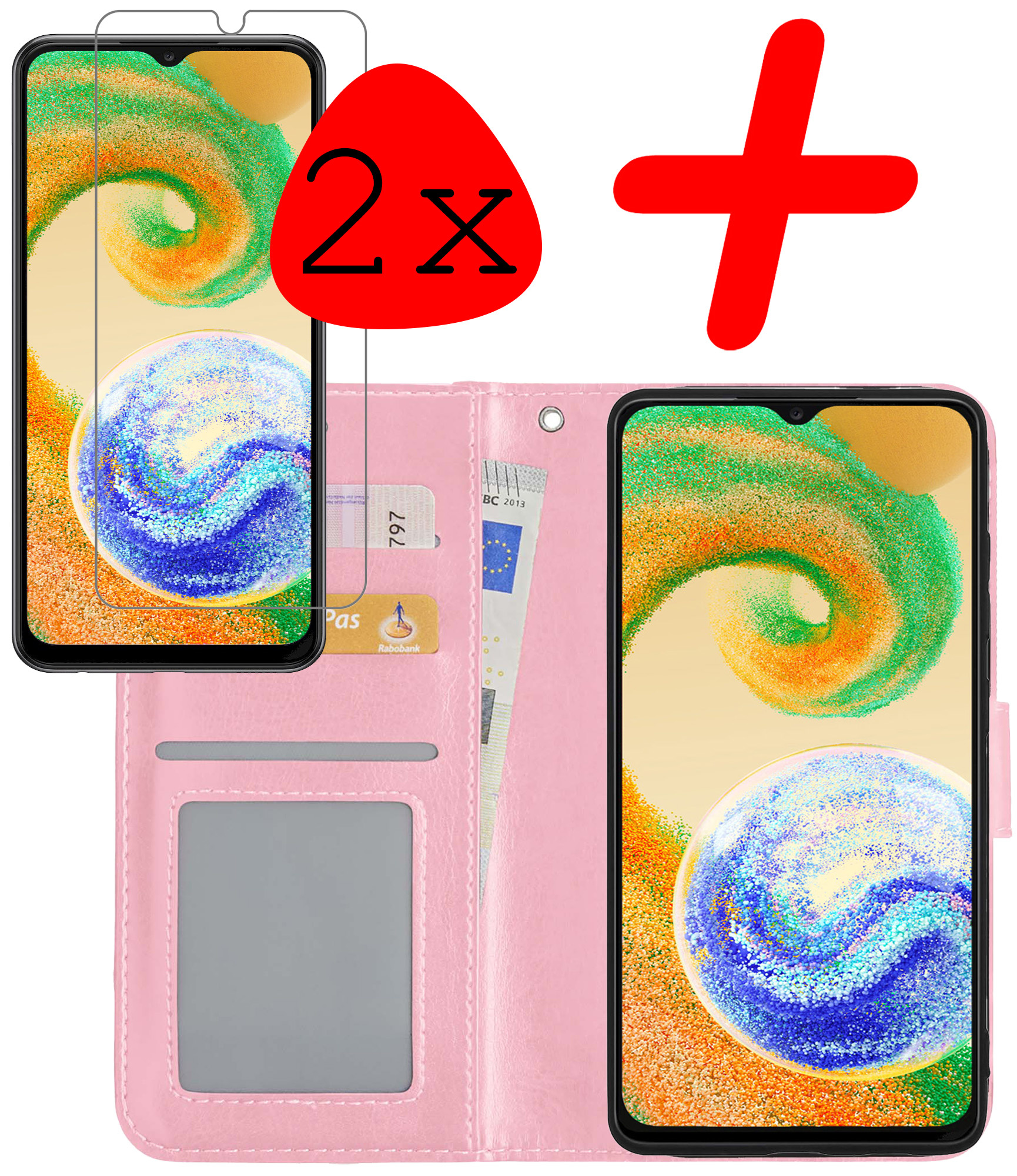 BASEY. Hoes Geschikt voor Samsung A04s Hoesje Bookcase Hoes Flip Case Book Cover Met 2x Screenprotector - Hoesje Geschikt voor Samsung Galaxy A04s Hoes Book Case Hoesje - Lichtroze