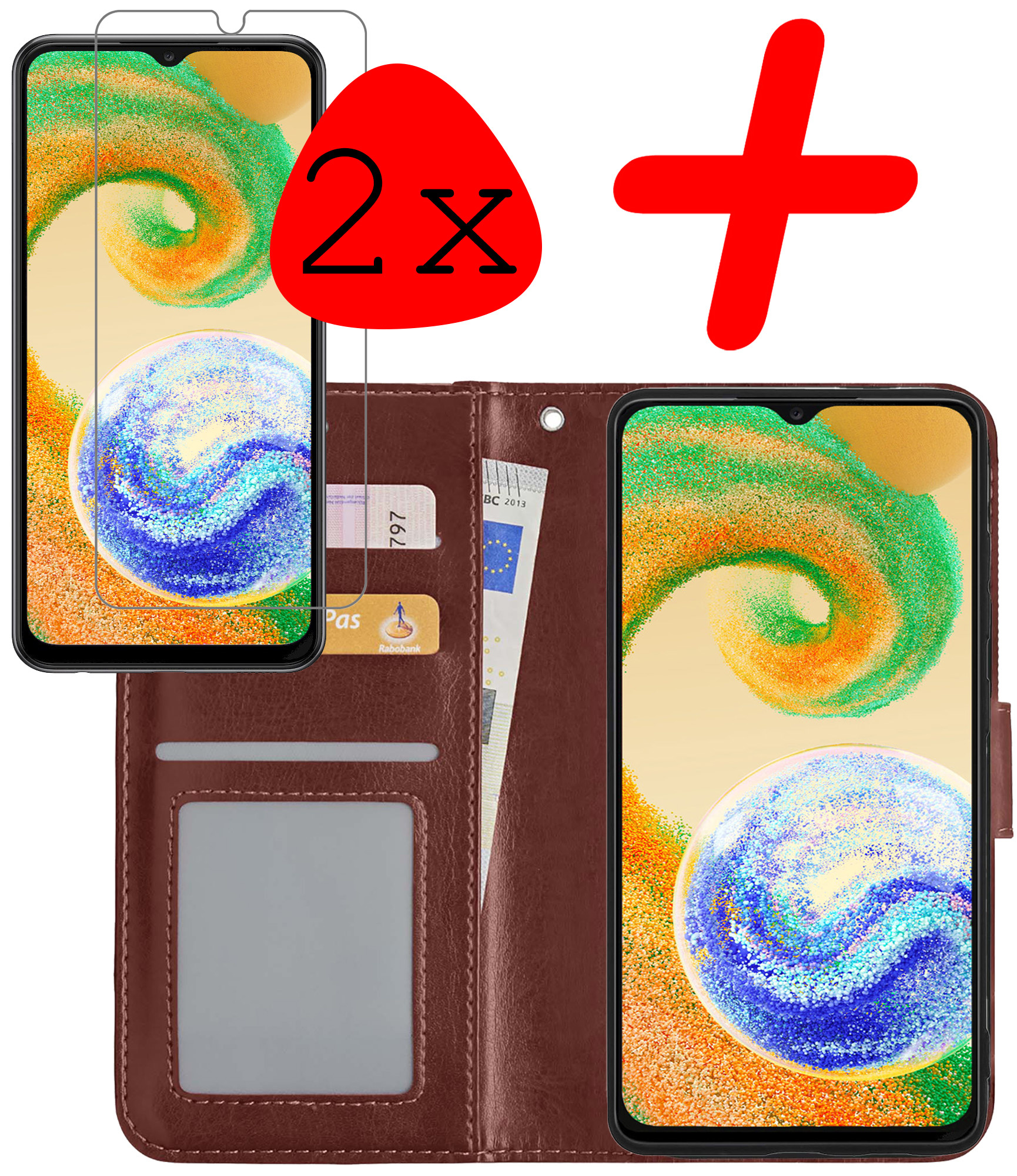 BASEY. Hoes Geschikt voor Samsung A04s Hoesje Bookcase Hoes Flip Case Book Cover Met 2x Screenprotector - Hoesje Geschikt voor Samsung Galaxy A04s Hoes Book Case Hoesje - Bruin