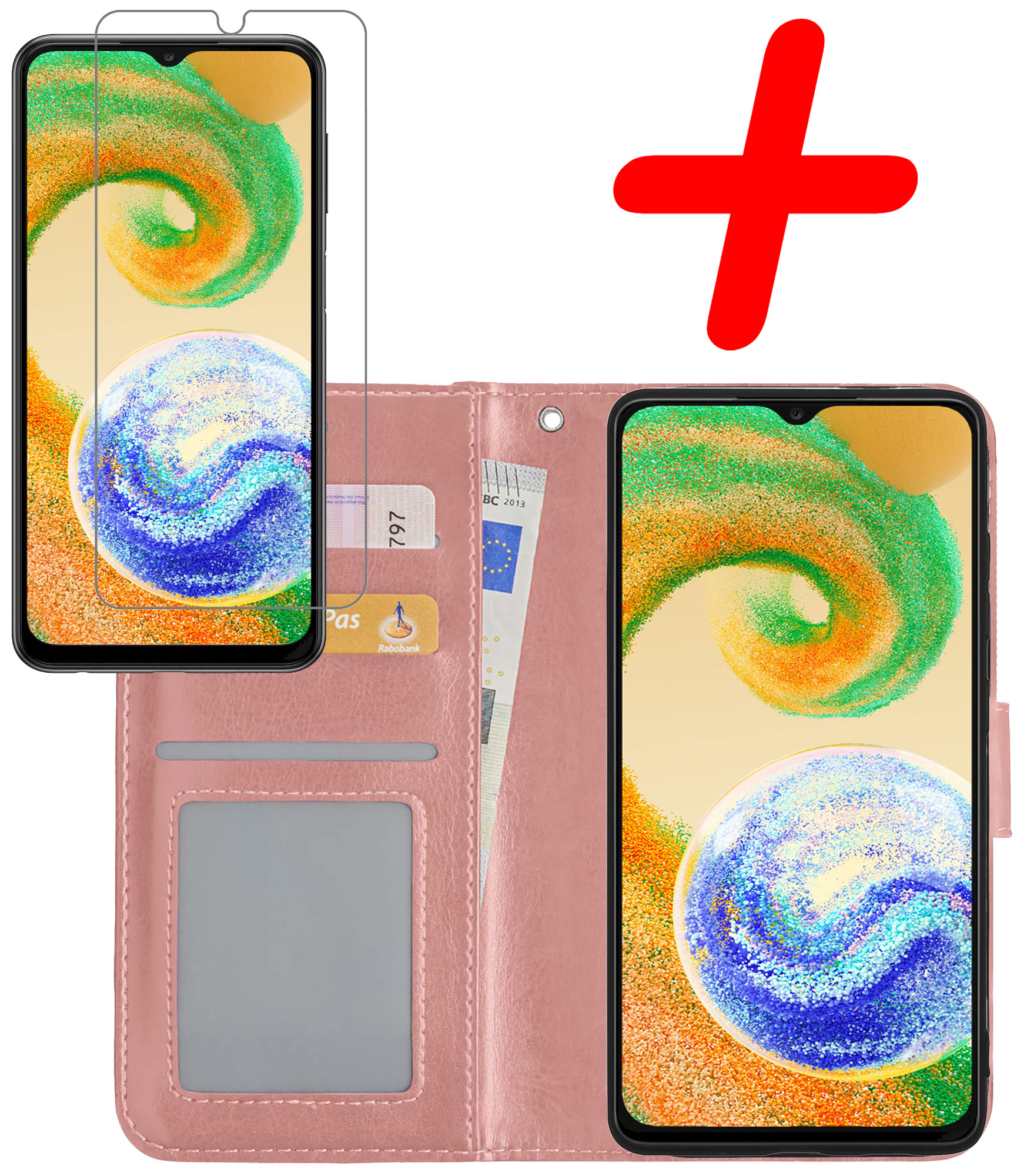 BASEY. Hoes Geschikt voor Samsung A04s Hoesje Bookcase Hoes Flip Case Book Cover Met Screenprotector - Hoesje Geschikt voor Samsung Galaxy A04s Hoes Book Case Hoesje - Rosé goud