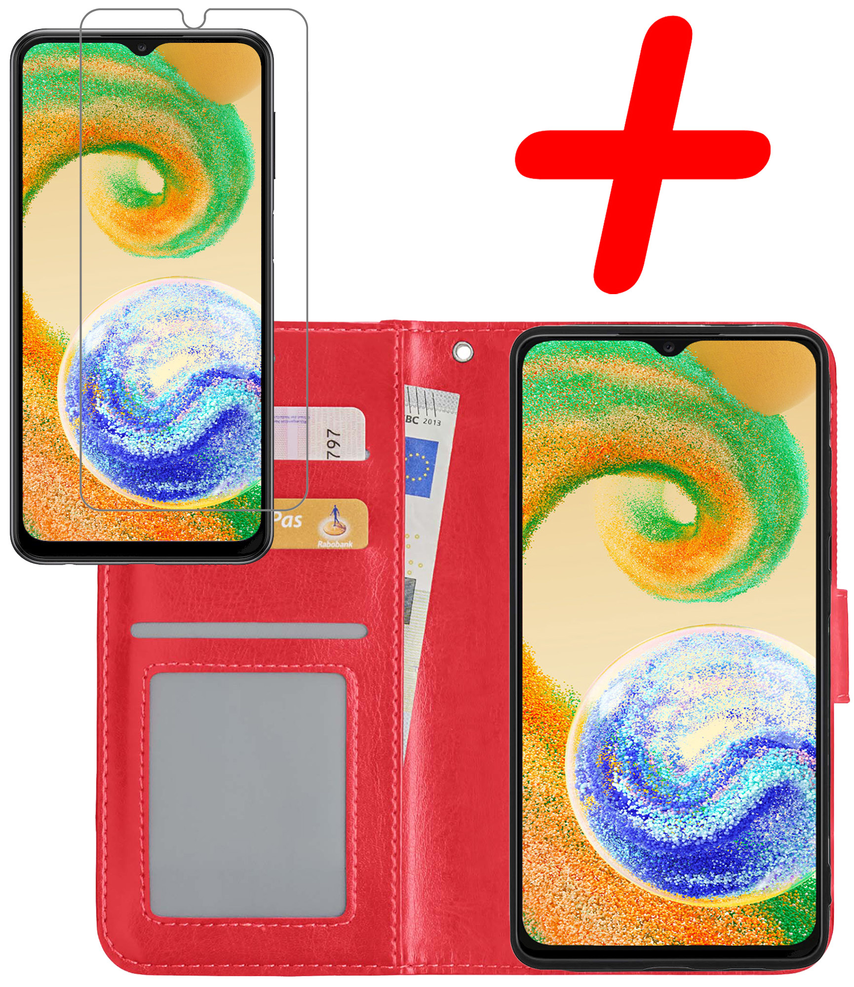 BASEY. Hoes Geschikt voor Samsung A04s Hoesje Bookcase Hoes Flip Case Book Cover Met Screenprotector - Hoesje Geschikt voor Samsung Galaxy A04s Hoes Book Case Hoesje - Rood