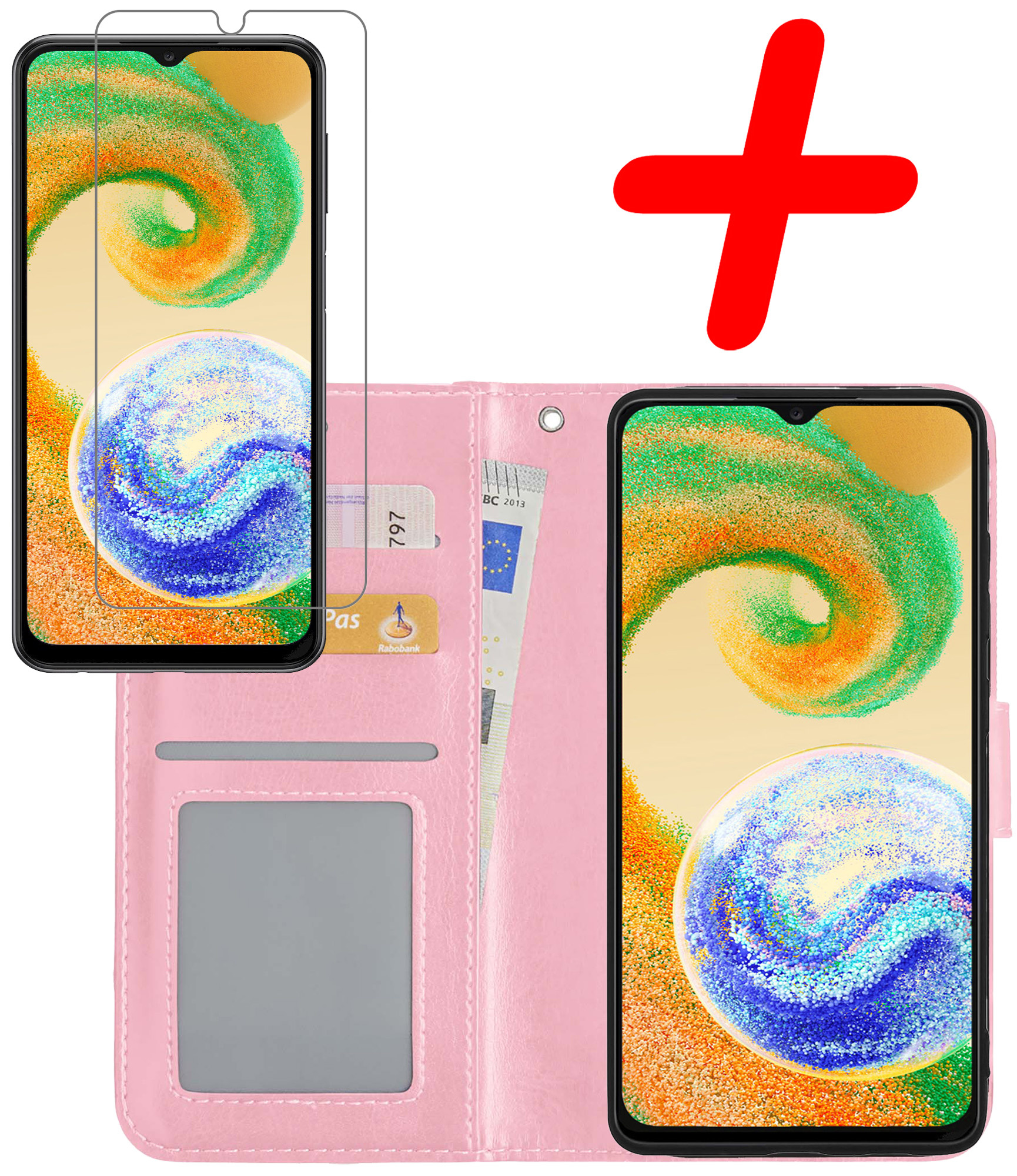 BASEY. Hoes Geschikt voor Samsung A04s Hoesje Bookcase Hoes Flip Case Book Cover Met Screenprotector - Hoesje Geschikt voor Samsung Galaxy A04s Hoes Book Case Hoesje - Lichtroze