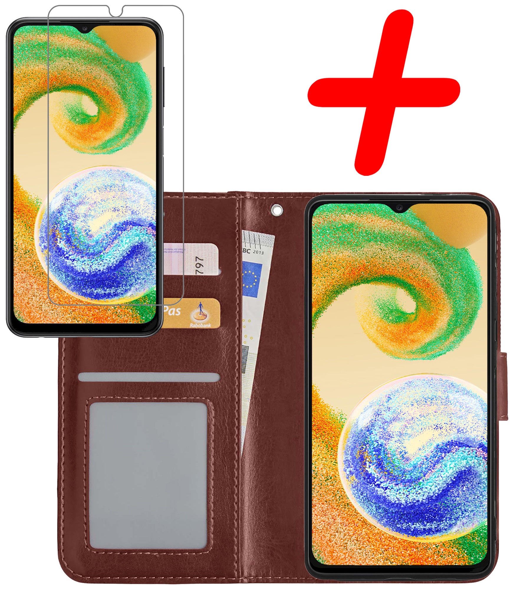 BASEY. Hoes Geschikt voor Samsung A04s Hoesje Bookcase Hoes Flip Case Book Cover Met Screenprotector - Hoesje Geschikt voor Samsung Galaxy A04s Hoes Book Case Hoesje - Bruin