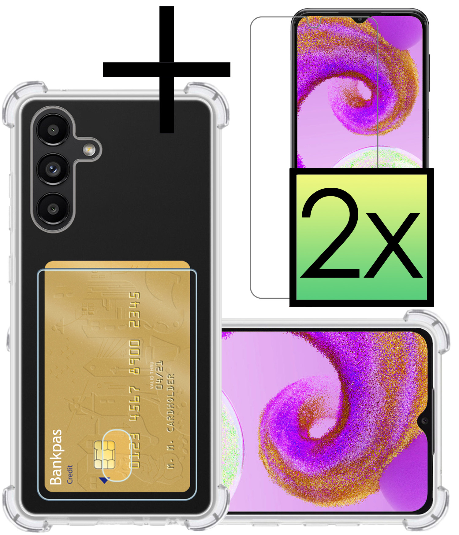 NoXx Hoes Geschikt voor Samsung A04s Hoesje Pasjeshouder Cover Shock Proof Case Siliconen Hoes Met Kaarthouder Met 2x Screenprotector - Transparant