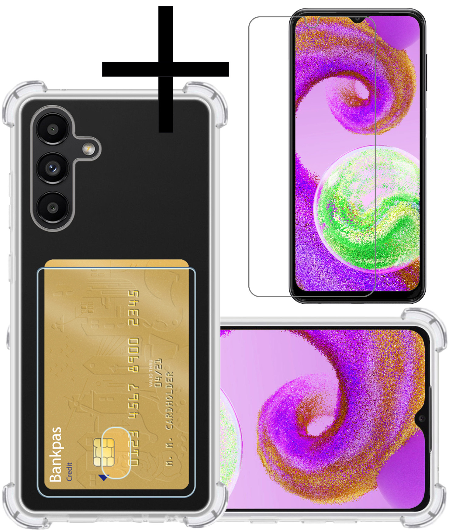 NoXx Hoes Geschikt voor Samsung A04s Hoesje Pasjeshouder Cover Shock Proof Case Siliconen Hoes Met Kaarthouder Met Screenprotector - Transparant