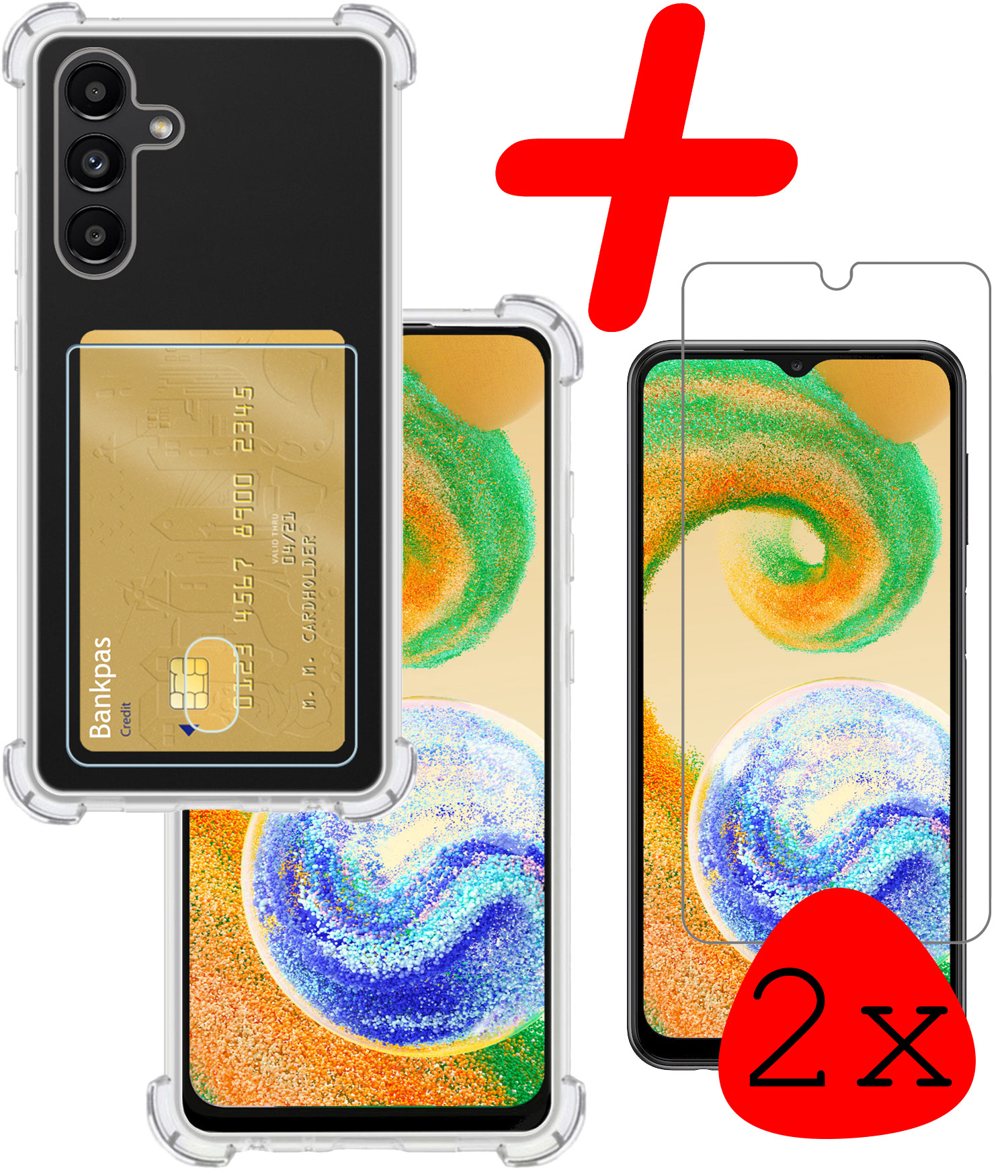 Samsung Galaxy A04s Hoesje Shockproof Hoes Pasjeshouder Met 2x Screenprotector - Samsung A04s Hoes Met Pas Houder - Transparant