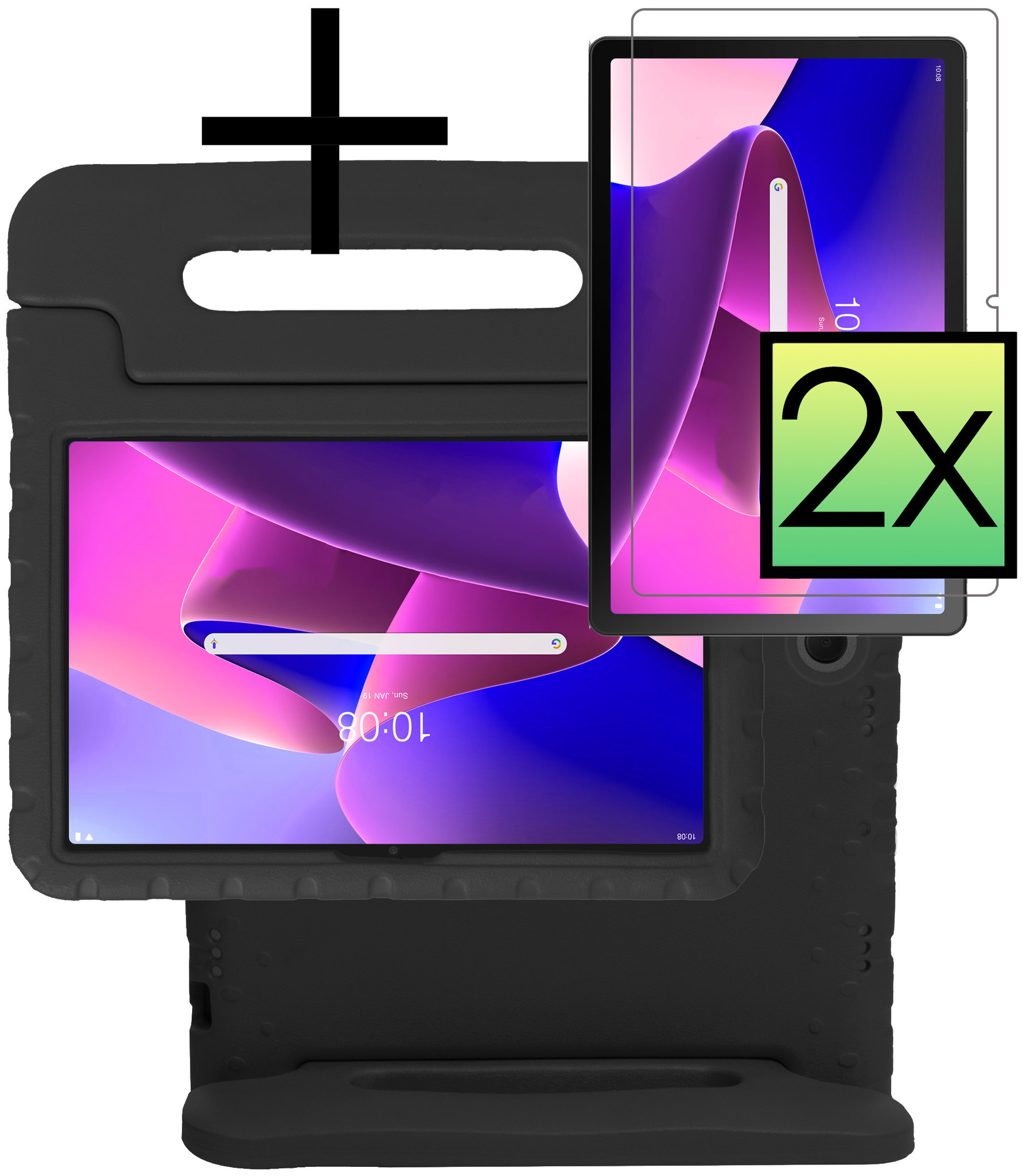 NoXx Hoesje Geschikt voor Lenovo Tab M10 Plus 3rd Gen Hoesje Kinderhoes Shockproof Hoes Kids Case Met 2x Screenprotector - Zwart