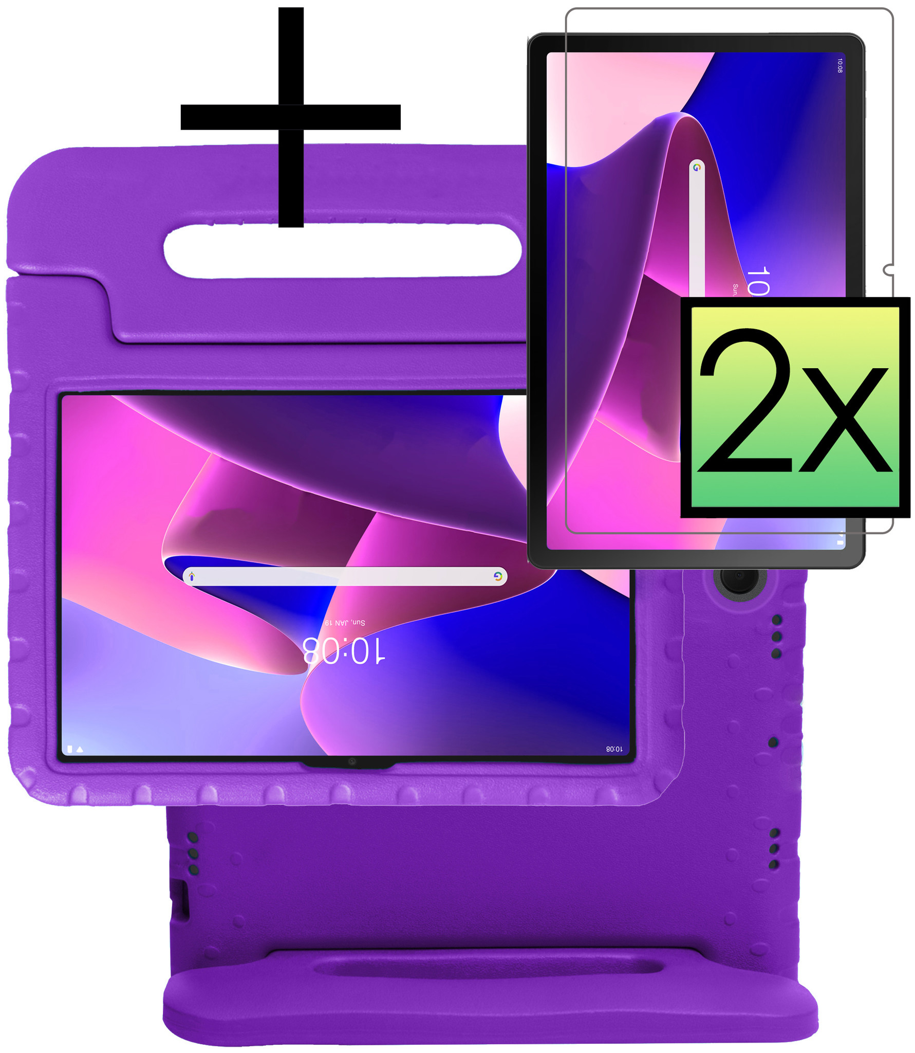 NoXx Hoesje Geschikt voor Lenovo Tab M10 Plus 3rd Gen Hoesje Kinderhoes Shockproof Hoes Kids Case Met 2x Screenprotector - Paars
