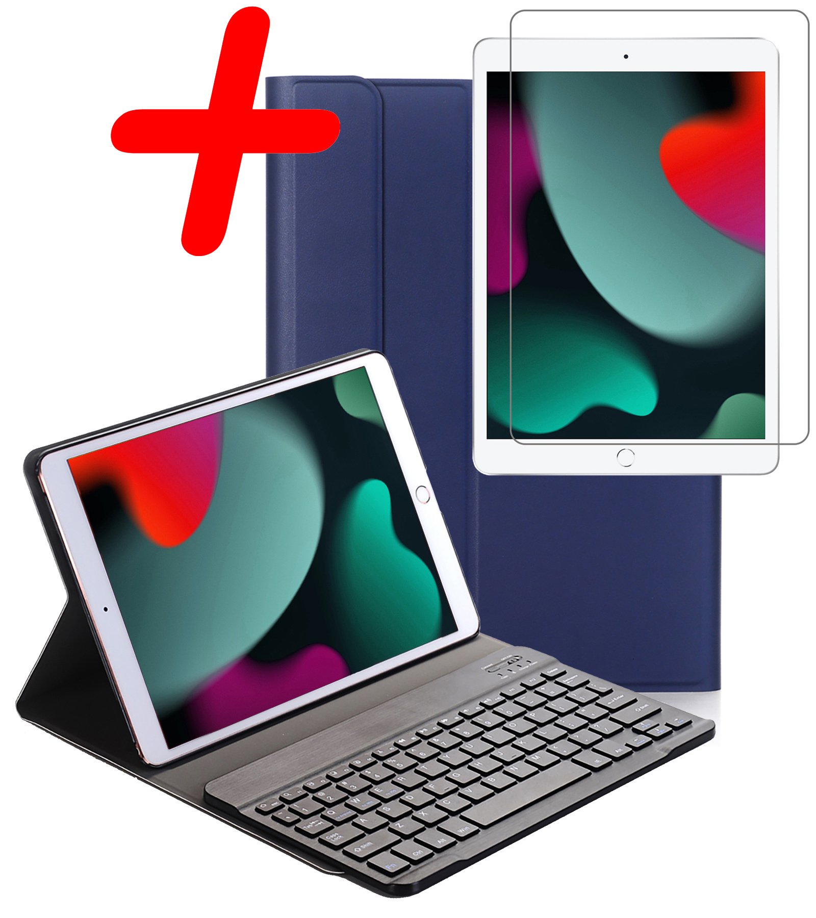 BASEY. Hoesje Geschikt voor iPad 10.2 2021 Toetsenbord Hoes Book Case Met Screenprotector - Hoes Geschikt voor iPad 9 Toetsenbord Hoesje Keyboard Cover - Donkerblauw