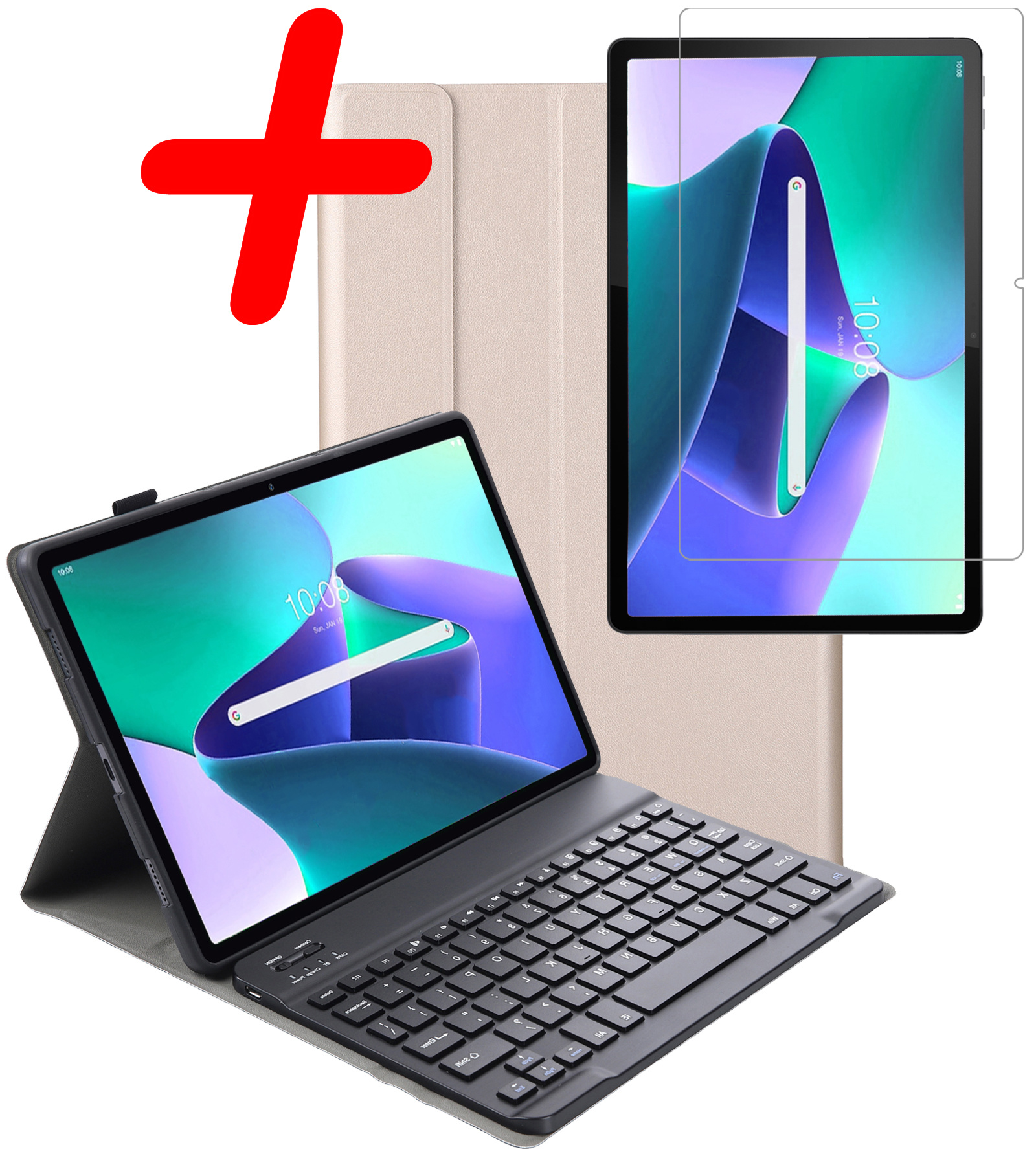 BASEY. Hoesje Geschikt voor Lenovo Tab M10 Plus 3rd Gen Toetsenbord Hoes Book Case Met Screenprotector - Hoes Geschikt voor Lenovo Tab M10 Plus (3e Gen) Toetsenbord Hoesje Keyboard Cover - Goud