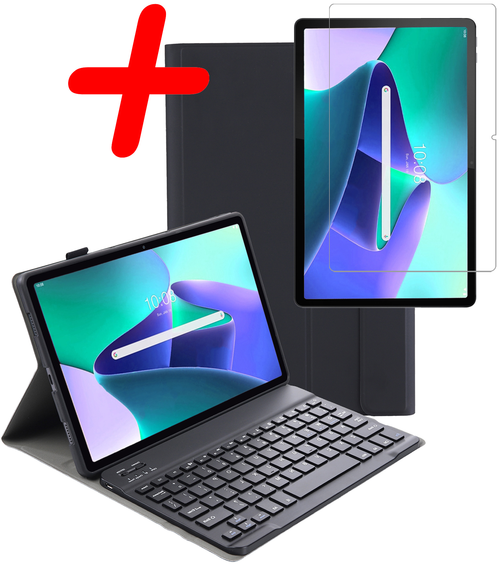 BASEY. Hoesje Geschikt voor Lenovo Tab M10 Plus 3rd Gen Toetsenbord Hoes Book Case Met Screenprotector - Hoes Geschikt voor Lenovo Tab M10 Plus (3e Gen) Toetsenbord Hoesje Keyboard Cover - Zwart