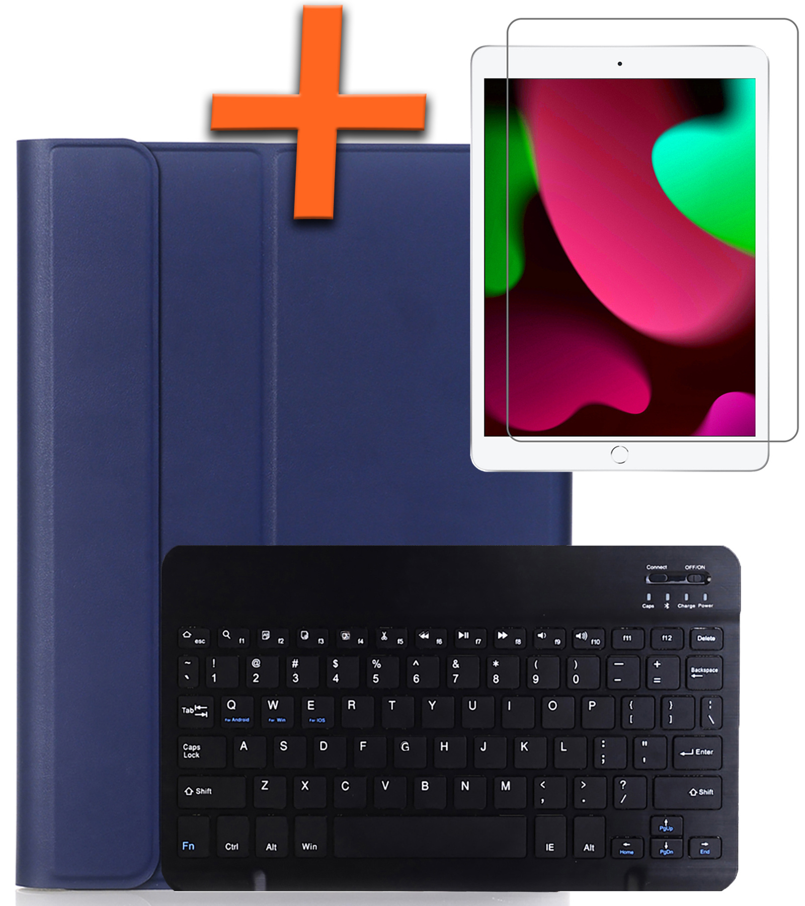 Nomfy Hoes Geschikt voor iPad 10.2 2020 Hoes Toetsenbord Hoes Case Book Cover Hoesje Met Screenprotector - Hoesje Geschikt voor iPad 8 Keyboard Hoes - Donkerblauw