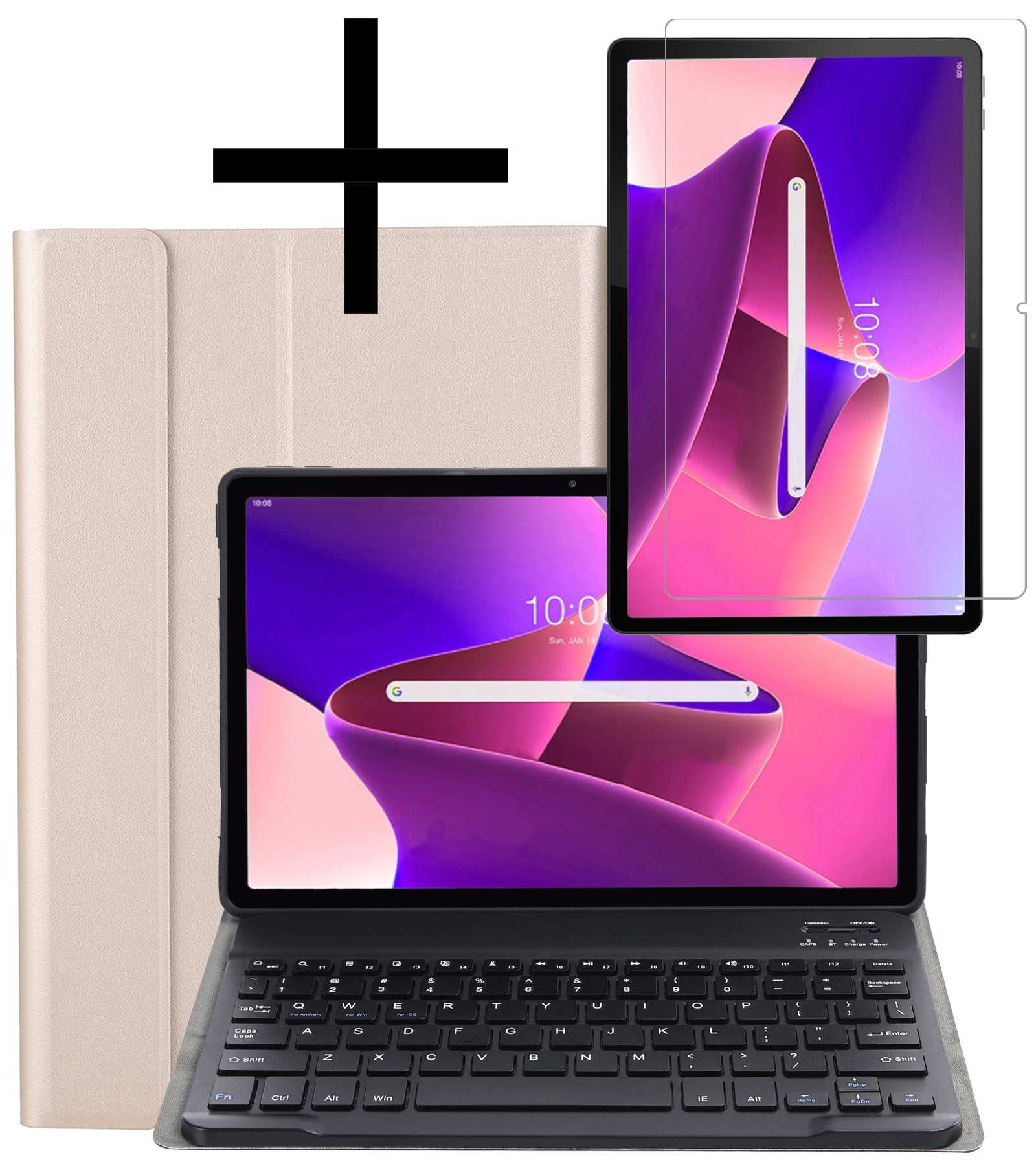 NoXx Hoesje Geschikt voor Lenovo Tab M10 Plus 3rd Gen Hoesje Toetsenbord Hoes Met Screenprotector - Hoes Geschikt voor Lenovo Tab M10 Plus (3e Gen) Keyboard Case Book Cover - Goud
