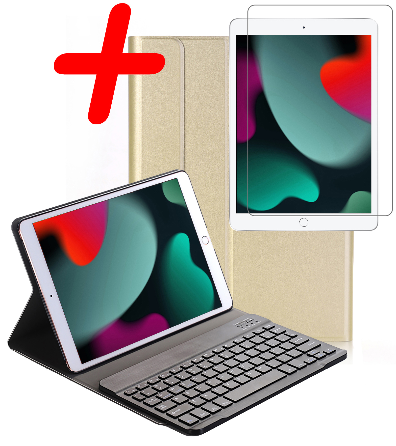 BASEY. Hoesje Geschikt voor iPad 10.2 2019 Toetsenbord Hoes Book Case Met Screenprotector - Hoes Geschikt voor iPad 7 Toetsenbord Hoesje Keyboard Cover - Goud