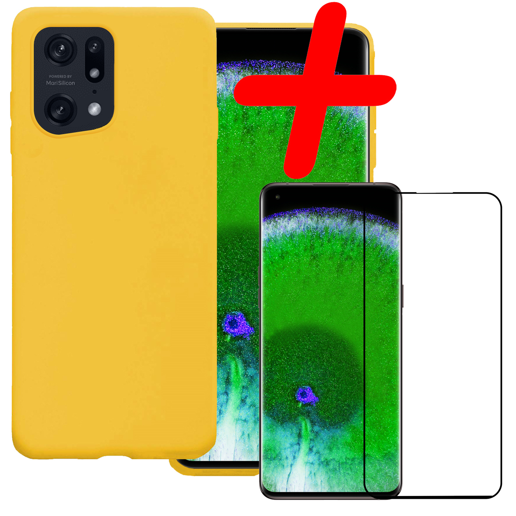 BASEY. Hoes Geschikt voor OPPO Find X5 Hoesje Siliconen Back Cover Case Met Screenprotector - Hoesje Geschikt voor OPPO X5 Hoes Cover Hoesje - Geel