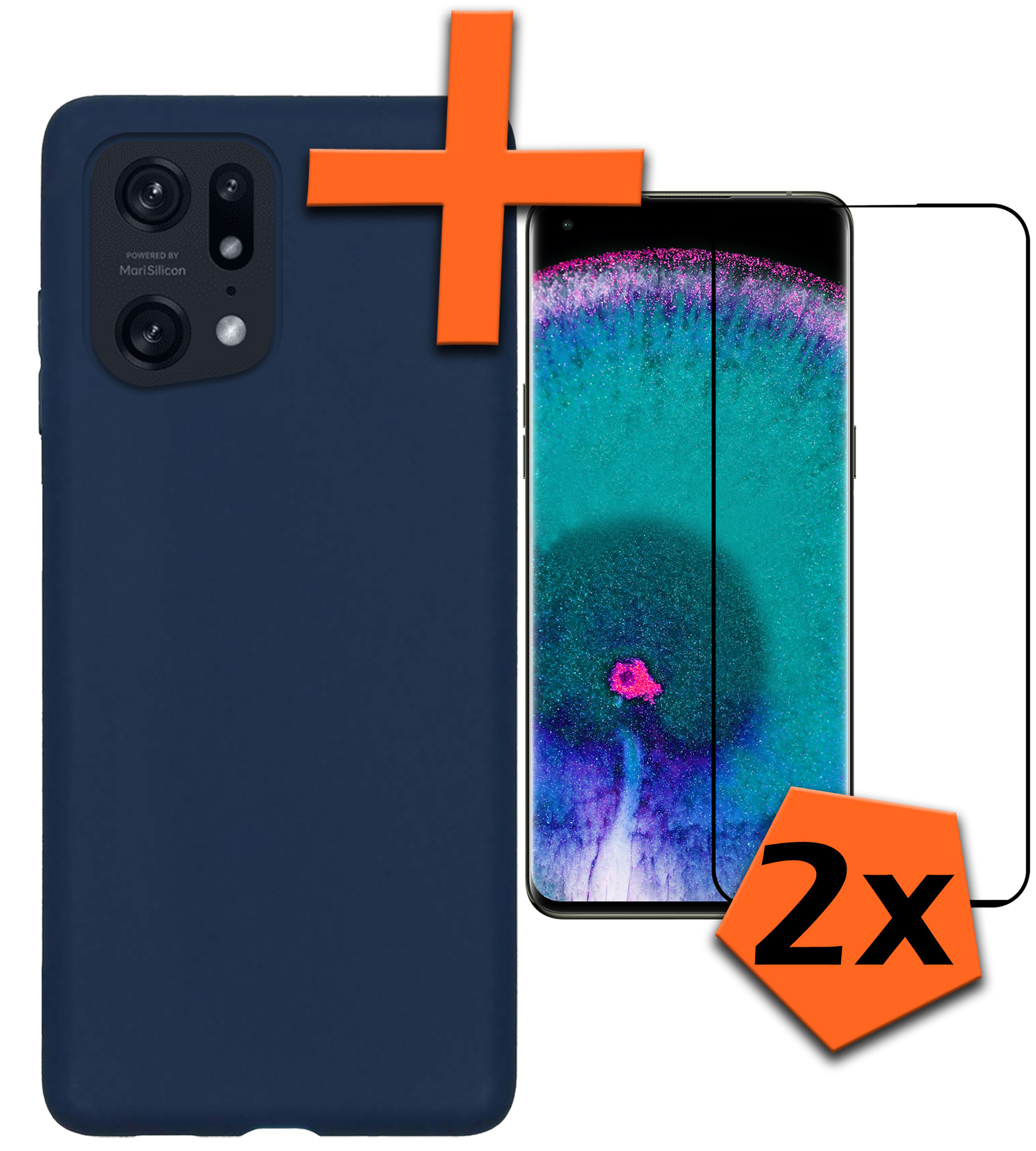 OPPO Find X5 Hoesje Siliconen Case Back Cover Met 2x Screenprotector - OPPO Find X5 Hoes Cover Silicone - Donker Blauw
