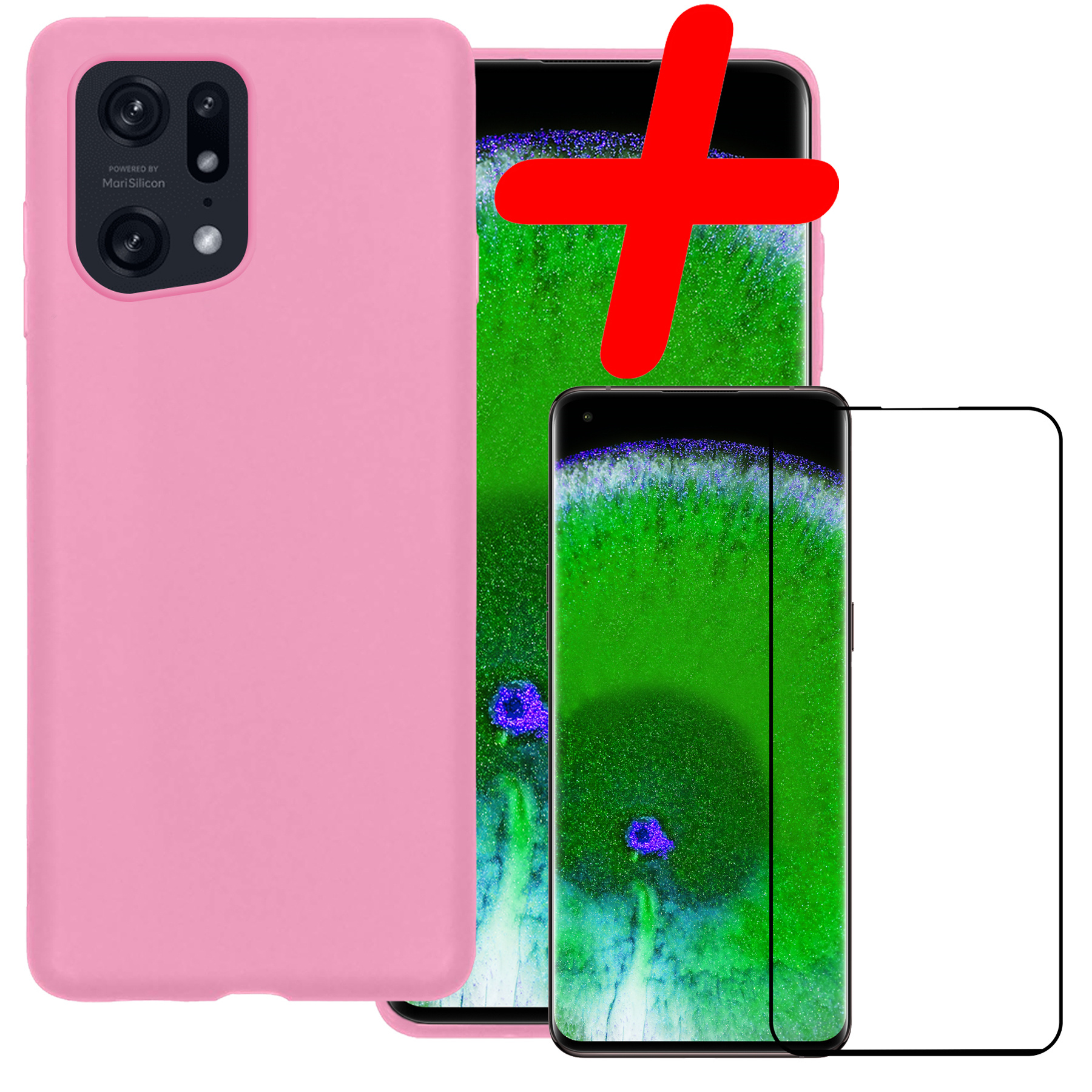 BASEY. Hoes Geschikt voor OPPO Find X5 Hoesje Siliconen Back Cover Case Met Screenprotector - Hoesje Geschikt voor OPPO X5 Hoes Cover Hoesje - Lichtroze