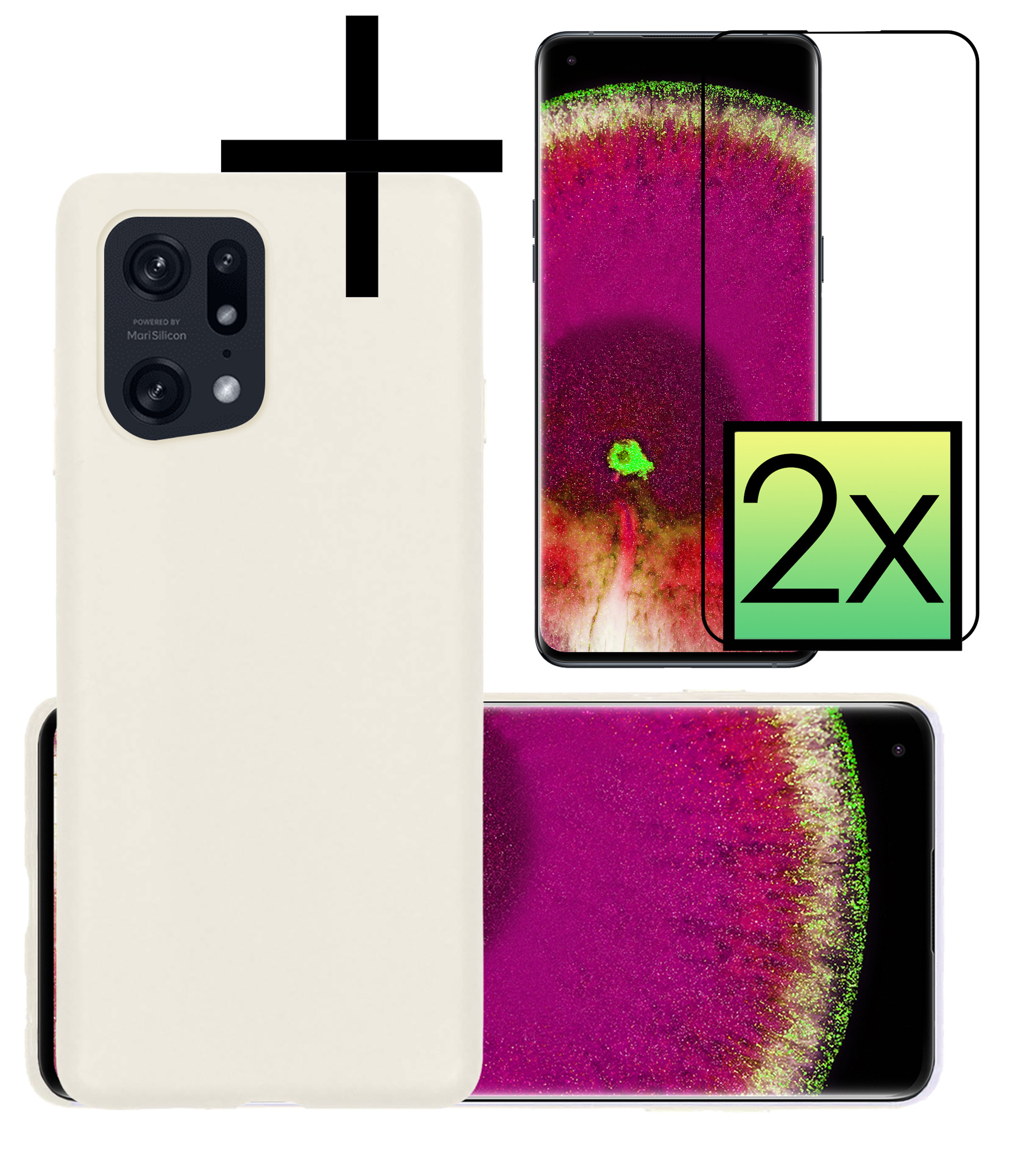 OPPO Find X5 Hoesje Back Cover Siliconen Case Hoes Met 2x Screenprotector - Wit