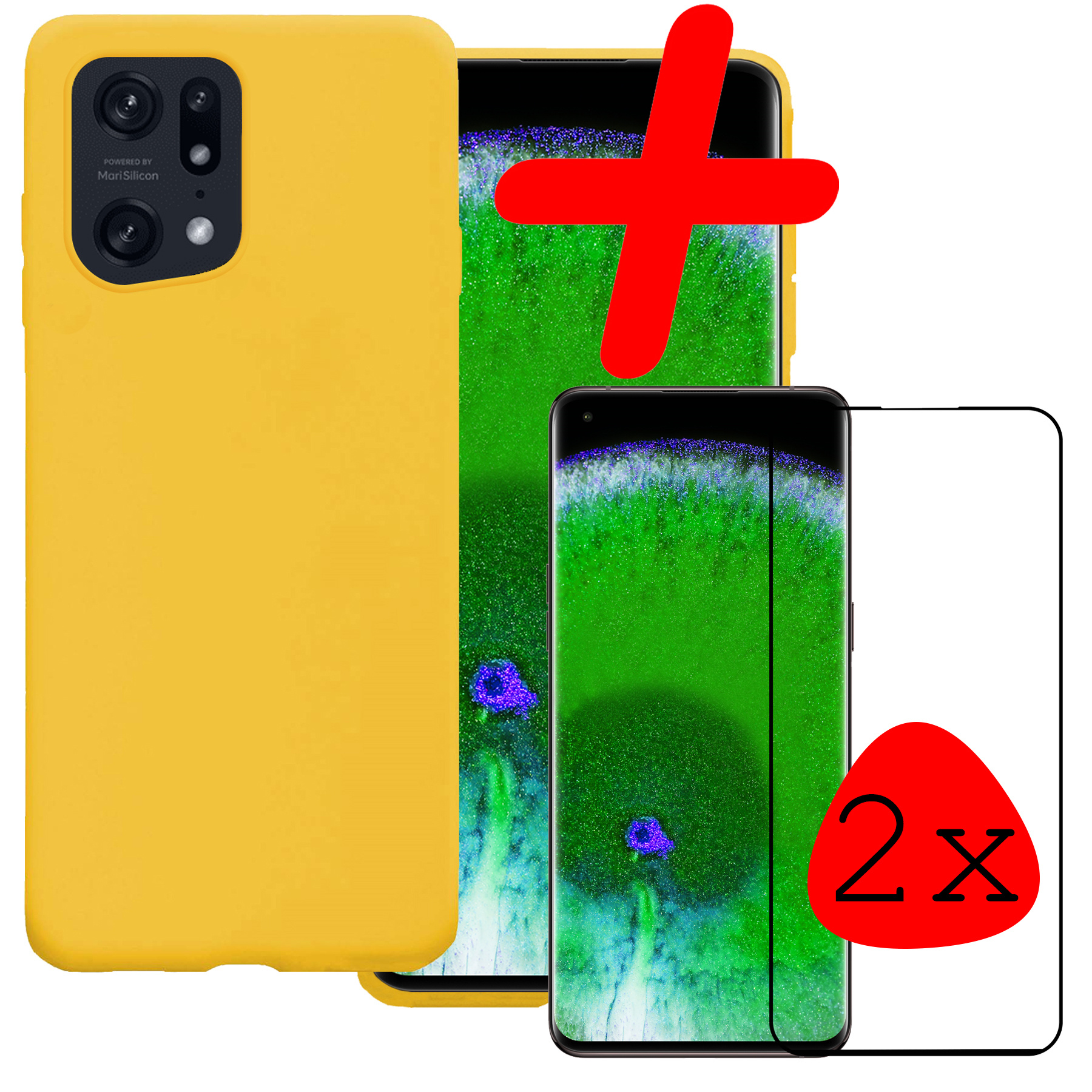 BASEY. Hoes Geschikt voor OPPO Find X5 Hoesje Siliconen Back Cover Case Met 2x Screenprotector - Hoesje Geschikt voor OPPO X5 Hoes Cover Hoesje - Geel