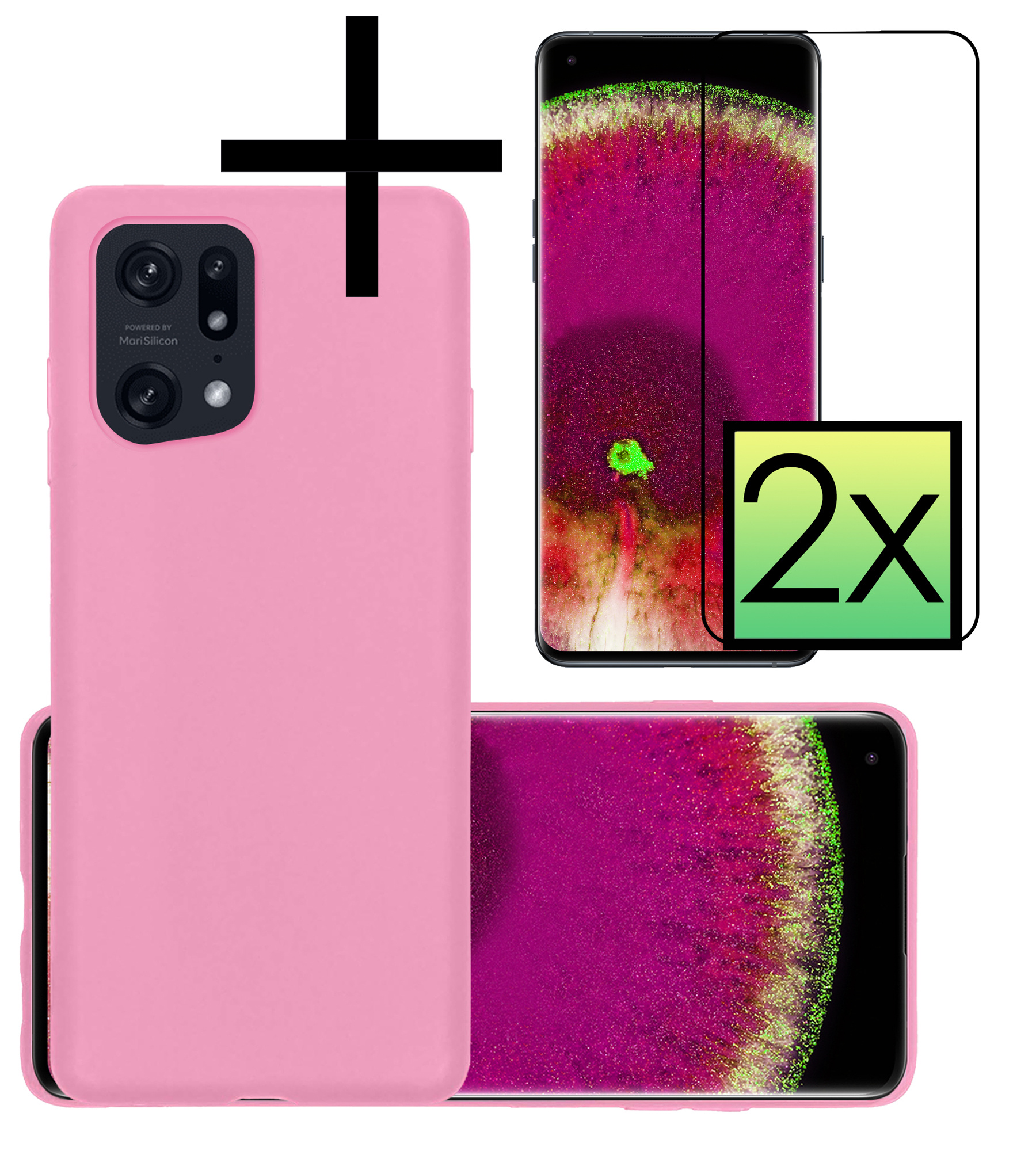 NoXx Hoes Geschikt voor OPPO Find X5 Hoesje Cover Siliconen Back Case Hoes Met 2x Screenprotector - Lichtroze