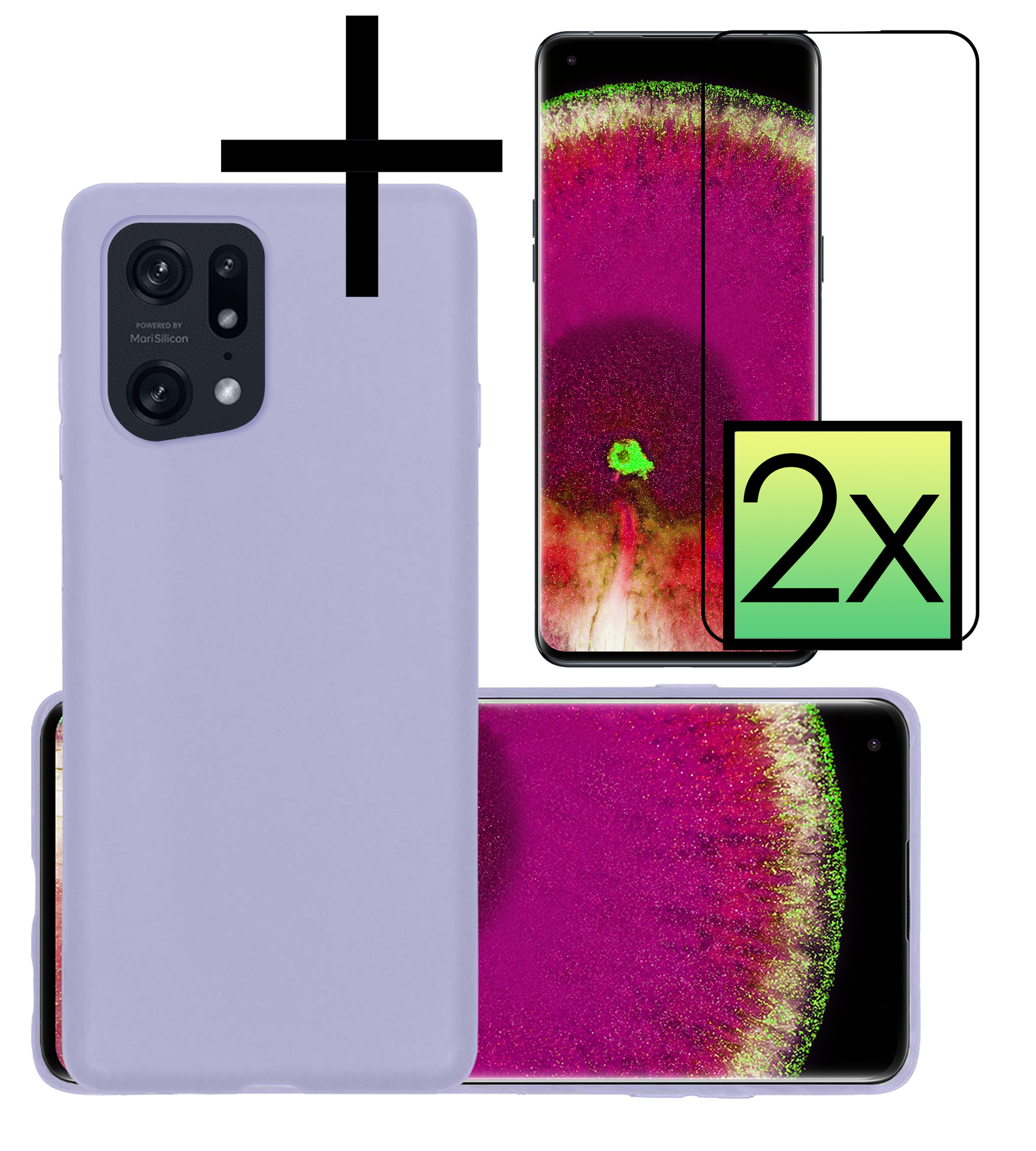 OPPO Find X5 Hoesje Back Cover Siliconen Case Hoes Met 2x Screenprotector - Lila