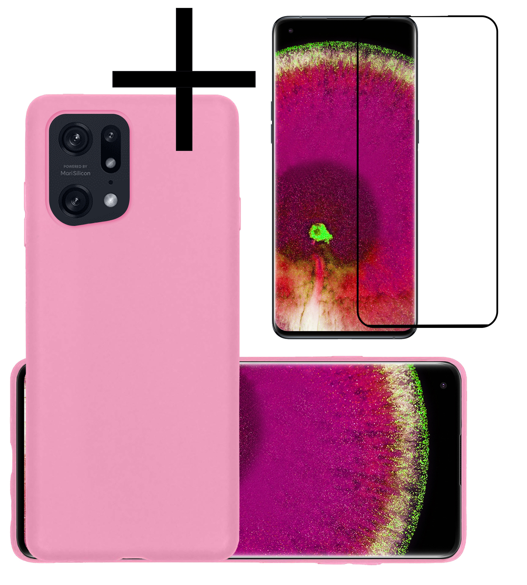 NoXx Hoes Geschikt voor OPPO Find X5 Hoesje Cover Siliconen Back Case Hoes Met Screenprotector - Lichtroze