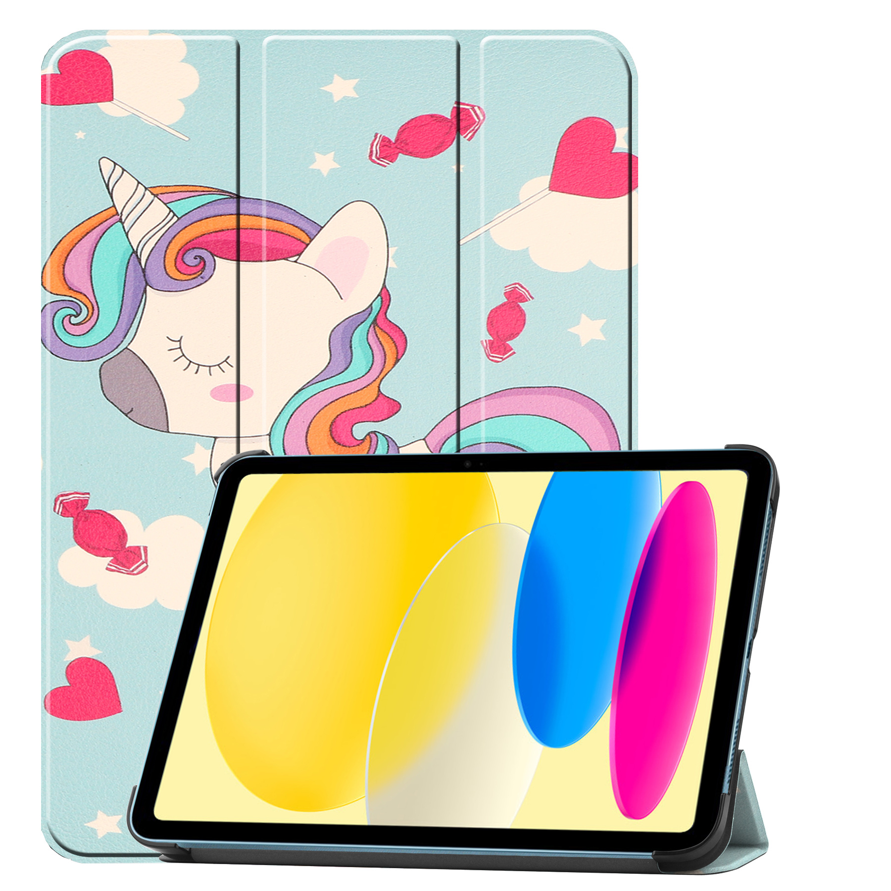 BASEY. Hoesje Geschikt voor iPad 2022 Hoes Case Tablet Hoesje Tri-fold - Hoes Geschikt voor iPad 10 Hoesje Hard Cover Bookcase Hoes - Eenhoorn