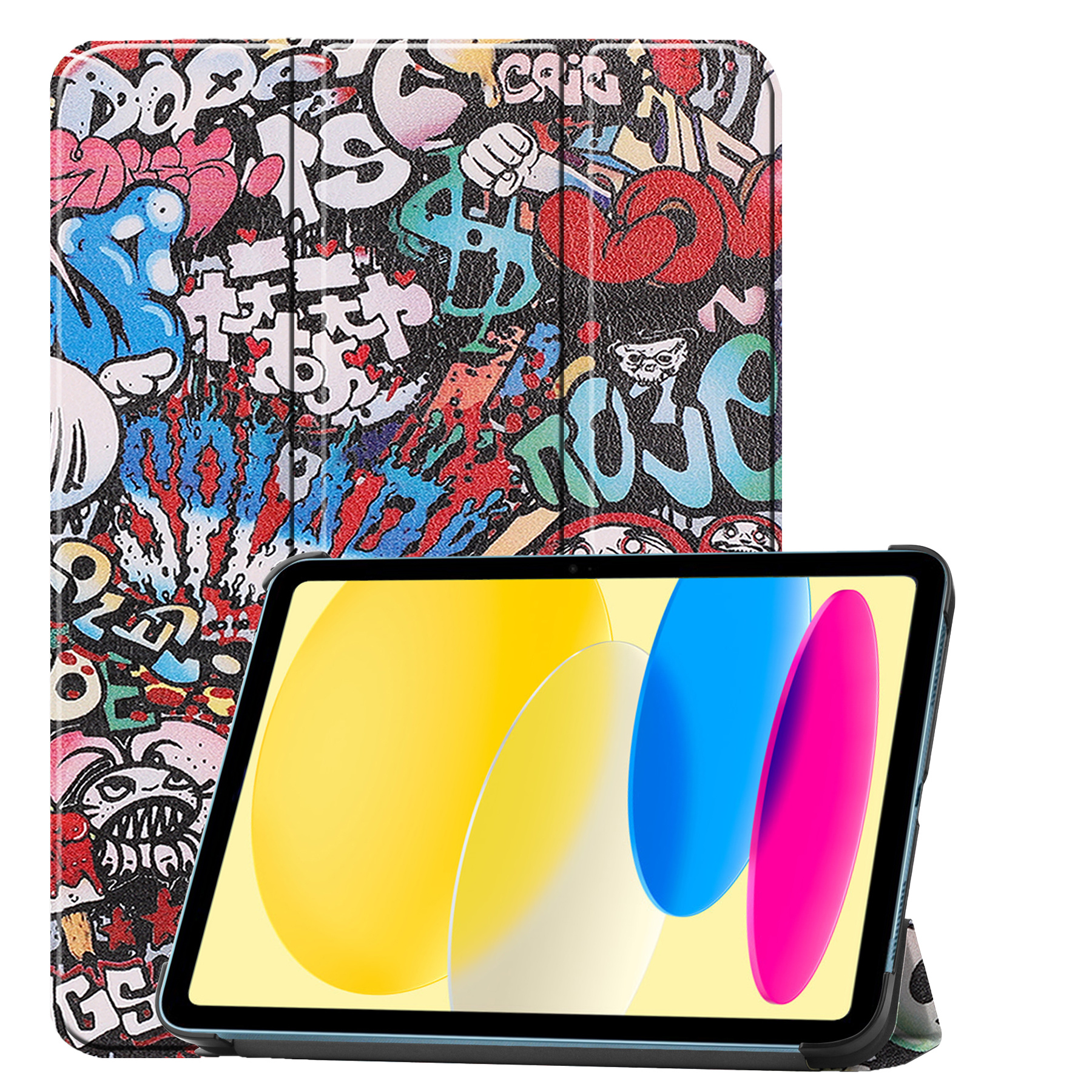 BASEY. Hoesje Geschikt voor iPad 2022 Hoes Case Tablet Hoesje Tri-fold - Hoes Geschikt voor iPad 10 Hoesje Hard Cover Bookcase Hoes - Graffity