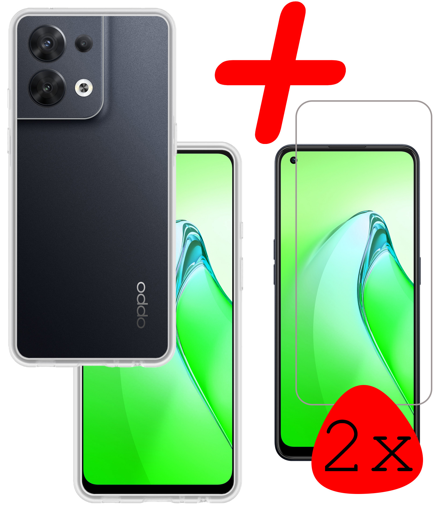 BASEY. Hoes Geschikt voor OPPO Reno 8 Hoesje Siliconen Back Cover Case Met 2x Screenprotector - Hoesje Geschikt voor OPPO Reno 8 Hoes Cover Hoesje - Transparant