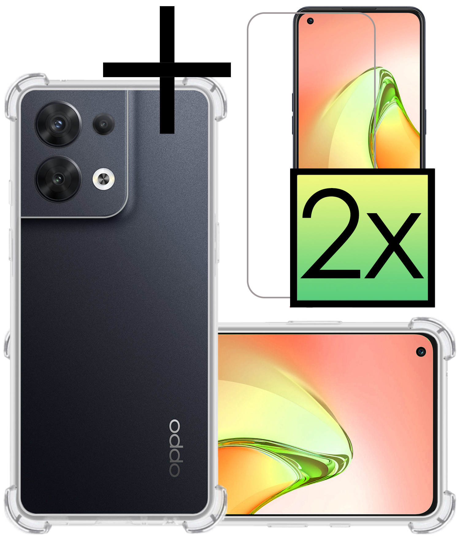 NoXx Hoes Geschikt voor OPPO Reno 8 Hoesje Siliconen Cover Shock Proof Back Case Shockproof Hoes Met 2x Screenprotector - Transparant