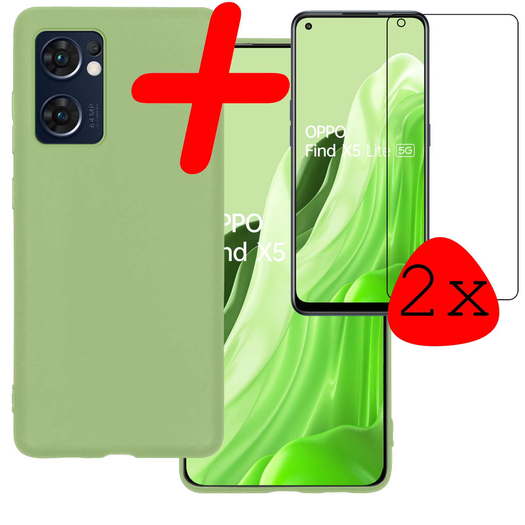 BASEY. Hoes Geschikt voor OPPO Find X5 Lite Hoesje Siliconen Back Cover Case Met 2x Screenprotector - Hoesje Geschikt voor OPPO X5 Lite Hoes Cover Hoesje - Groen