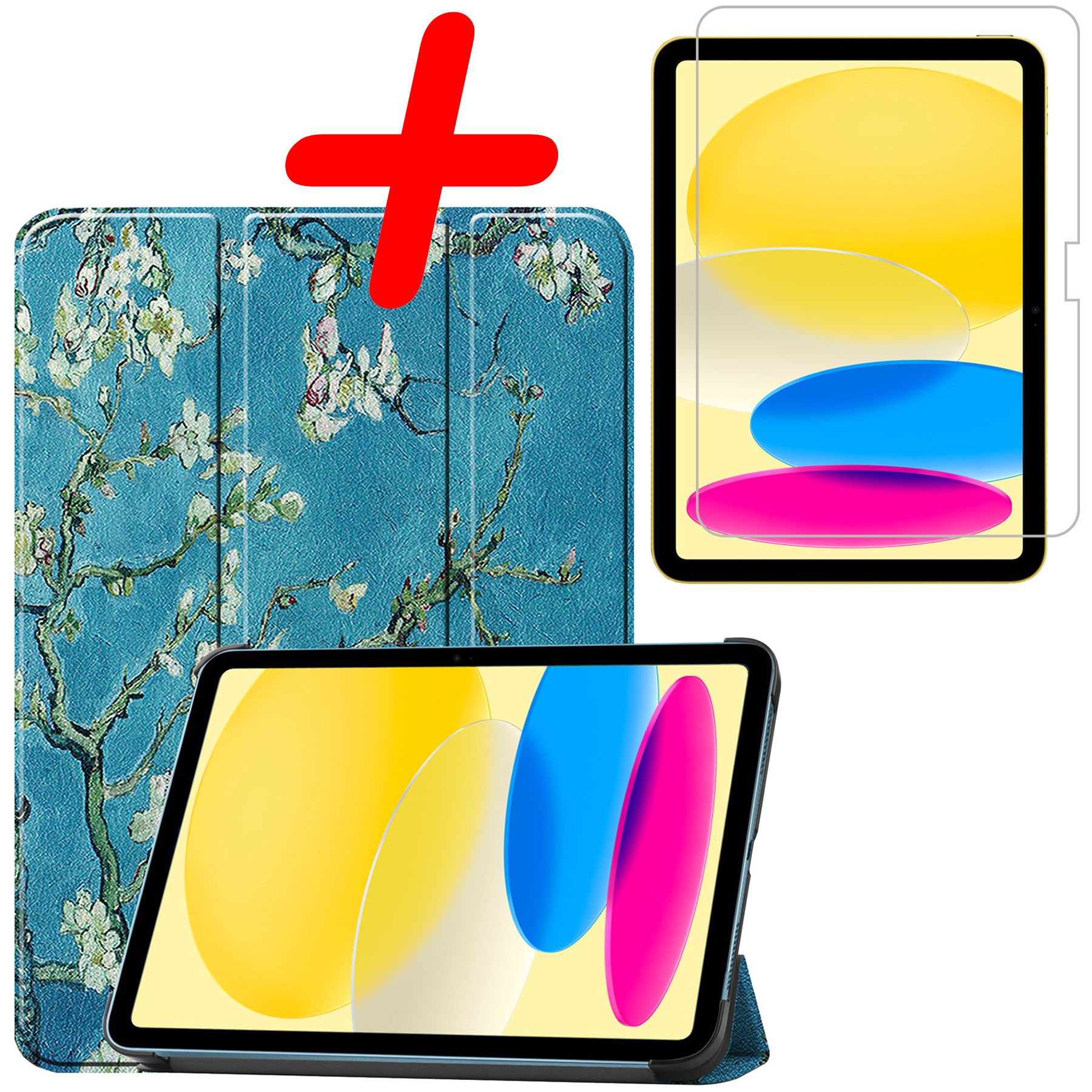 BASEY. Hoesje Geschikt voor iPad 2022 Hoes Case Tablet Hoesje Tri-fold Met Screenprotector - Hoes Geschikt voor iPad 10 Hoesje Hard Cover Bookcase Hoes - Bloesem