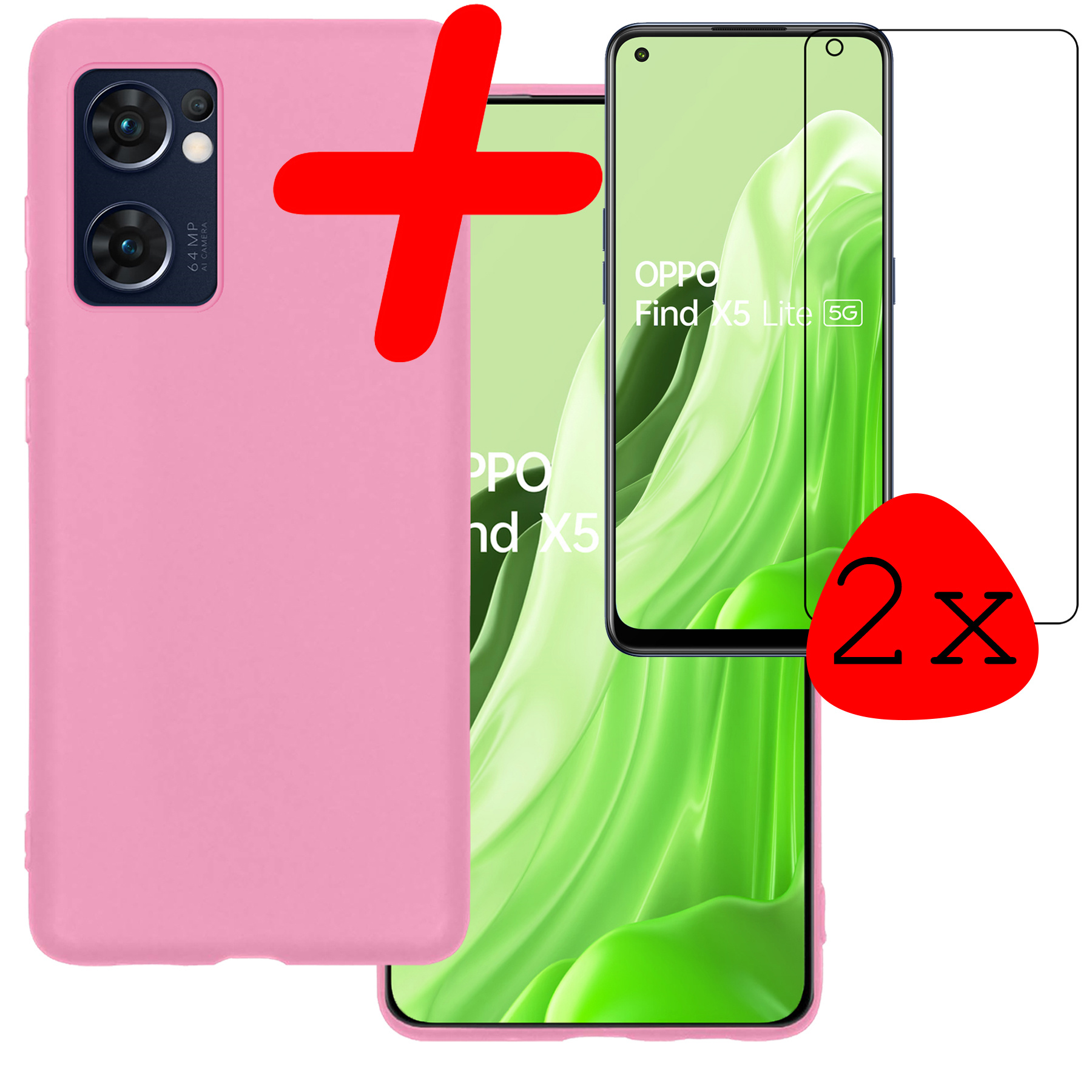 BASEY. Hoes Geschikt voor OPPO Find X5 Lite Hoesje Siliconen Back Cover Case Met 2x Screenprotector - Hoesje Geschikt voor OPPO X5 Lite Hoes Cover Hoesje - Lichtroze