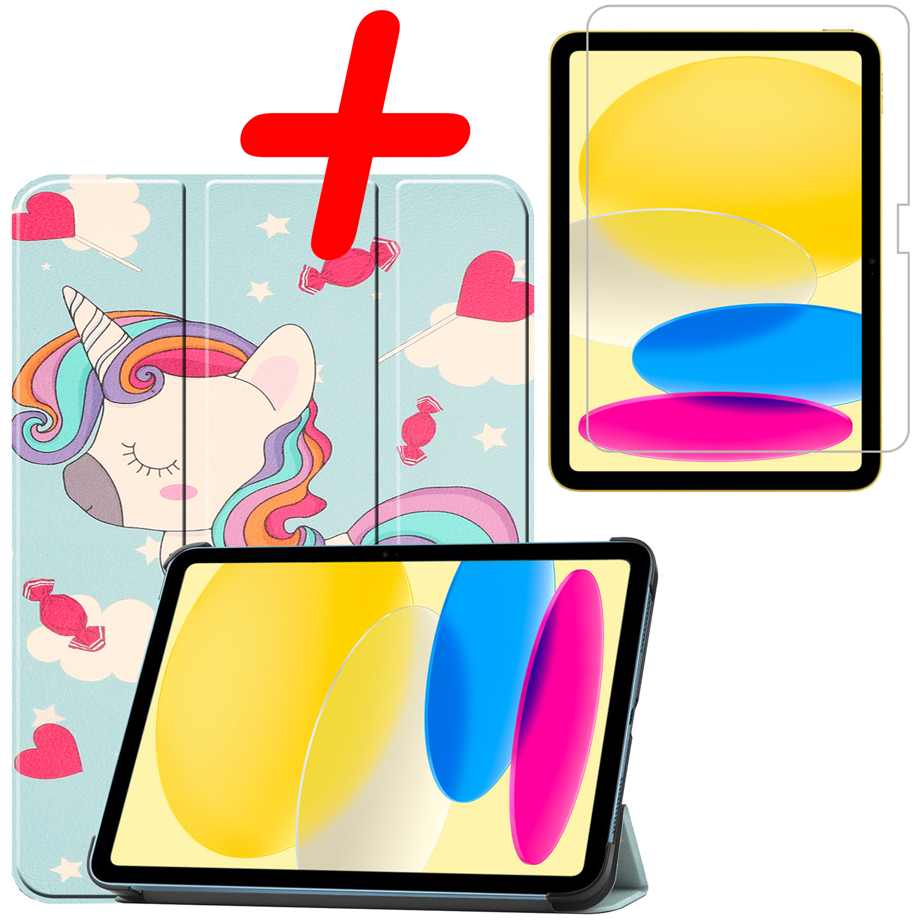 BASEY. Hoesje Geschikt voor iPad 2022 Hoes Case Tablet Hoesje Tri-fold Met Screenprotector - Hoes Geschikt voor iPad 10 Hoesje Hard Cover Bookcase Hoes - Eenhoorn