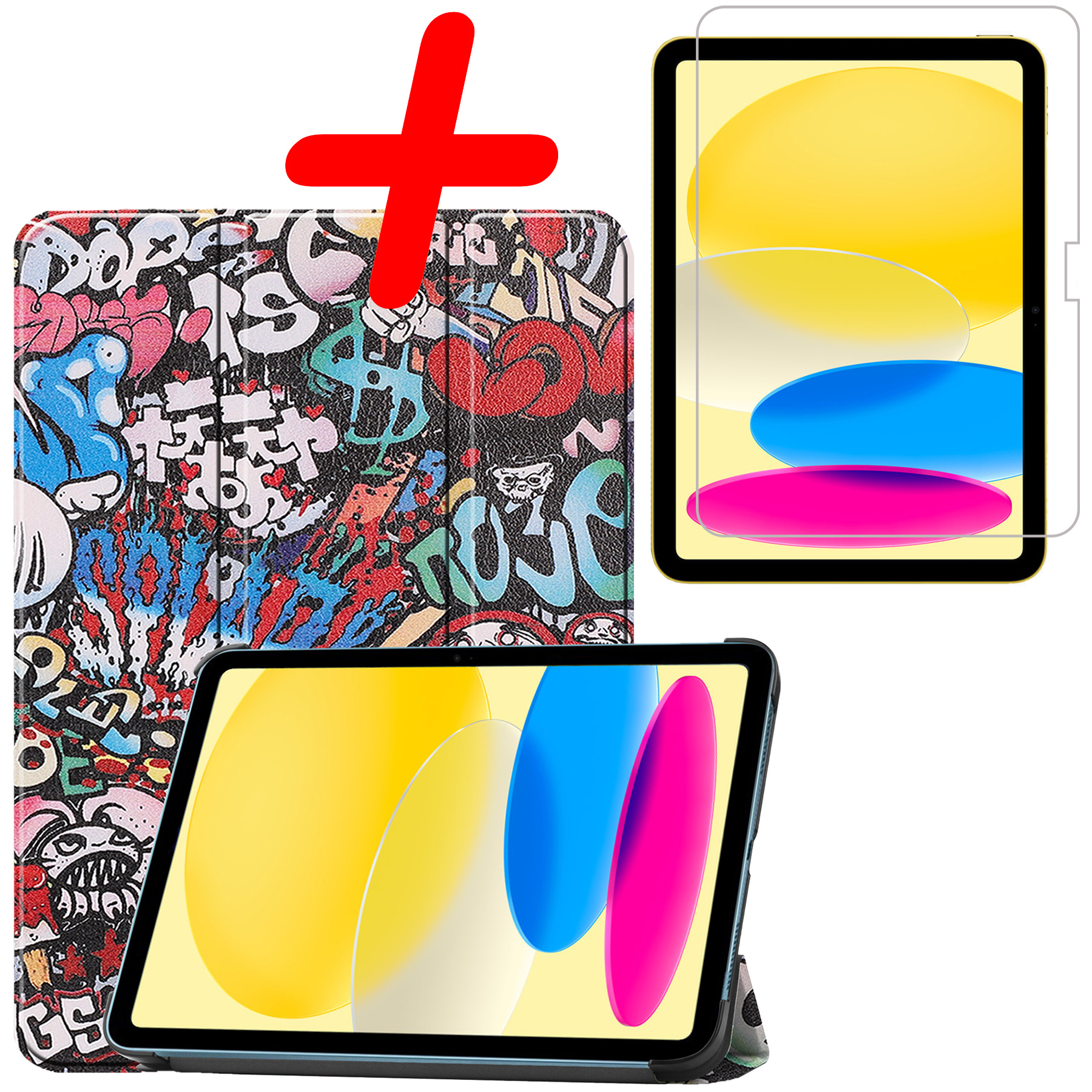 BASEY. Hoesje Geschikt voor iPad 2022 Hoes Case Tablet Hoesje Tri-fold Met Screenprotector - Hoes Geschikt voor iPad 10 Hoesje Hard Cover Bookcase Hoes - Graffity
