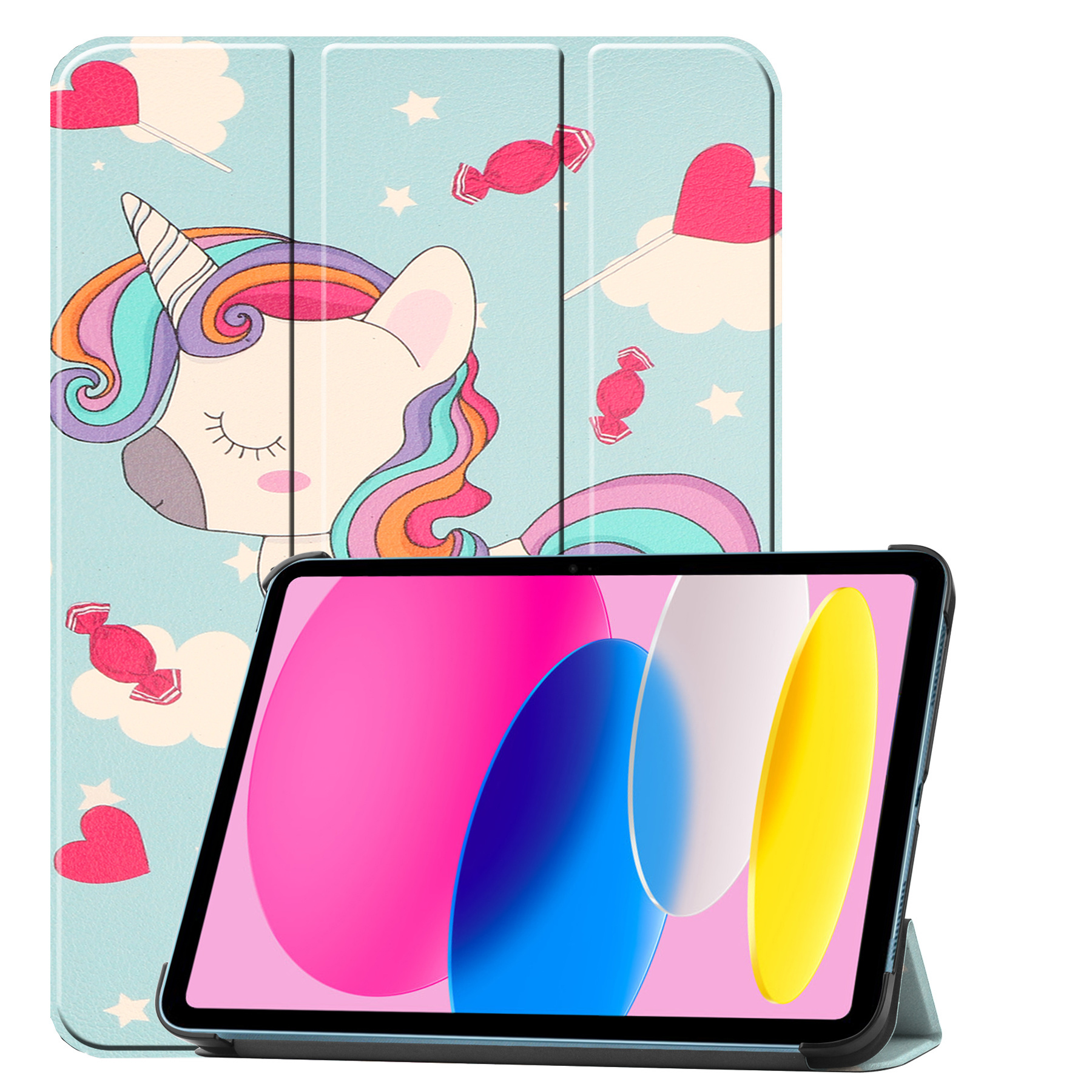 Nomfy Hoes Geschikt voor iPad 2022 Hoes Tri-fold Tablet Hoesje Case Met Screenprotector - Hoesje Geschikt voor iPad 10 Hoesje Hardcover Bookcase - Eenhoorn